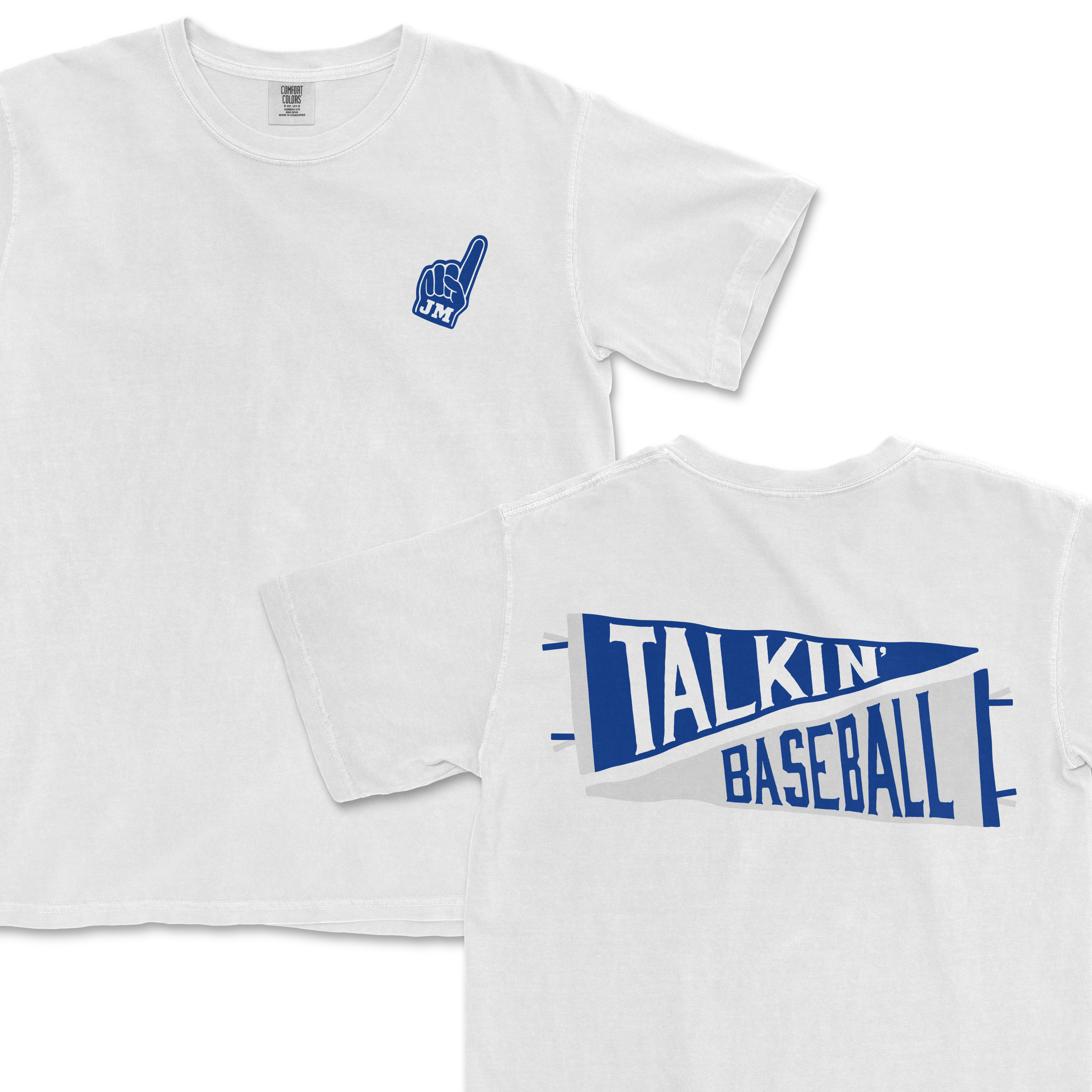 White T-shirt featuring a blue foam finger with "JMU" on the front and a large "Talkin' Baseball" graphic on the back.