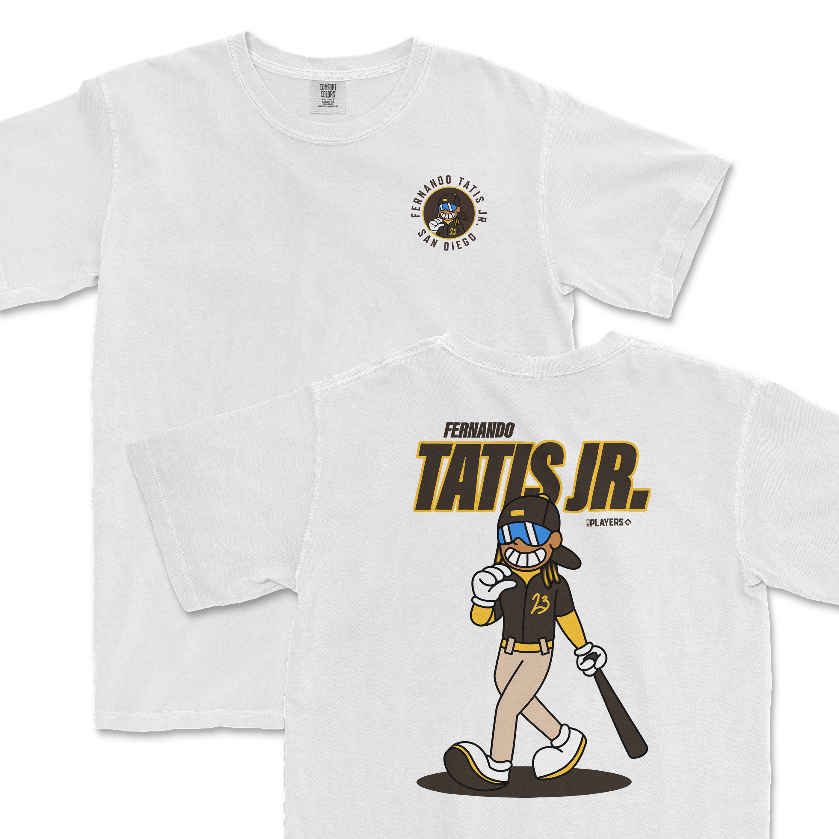 White t-shirt featuring a cartoon of Fernando Tatis Jr. with a bat, showcasing a playful summer design.