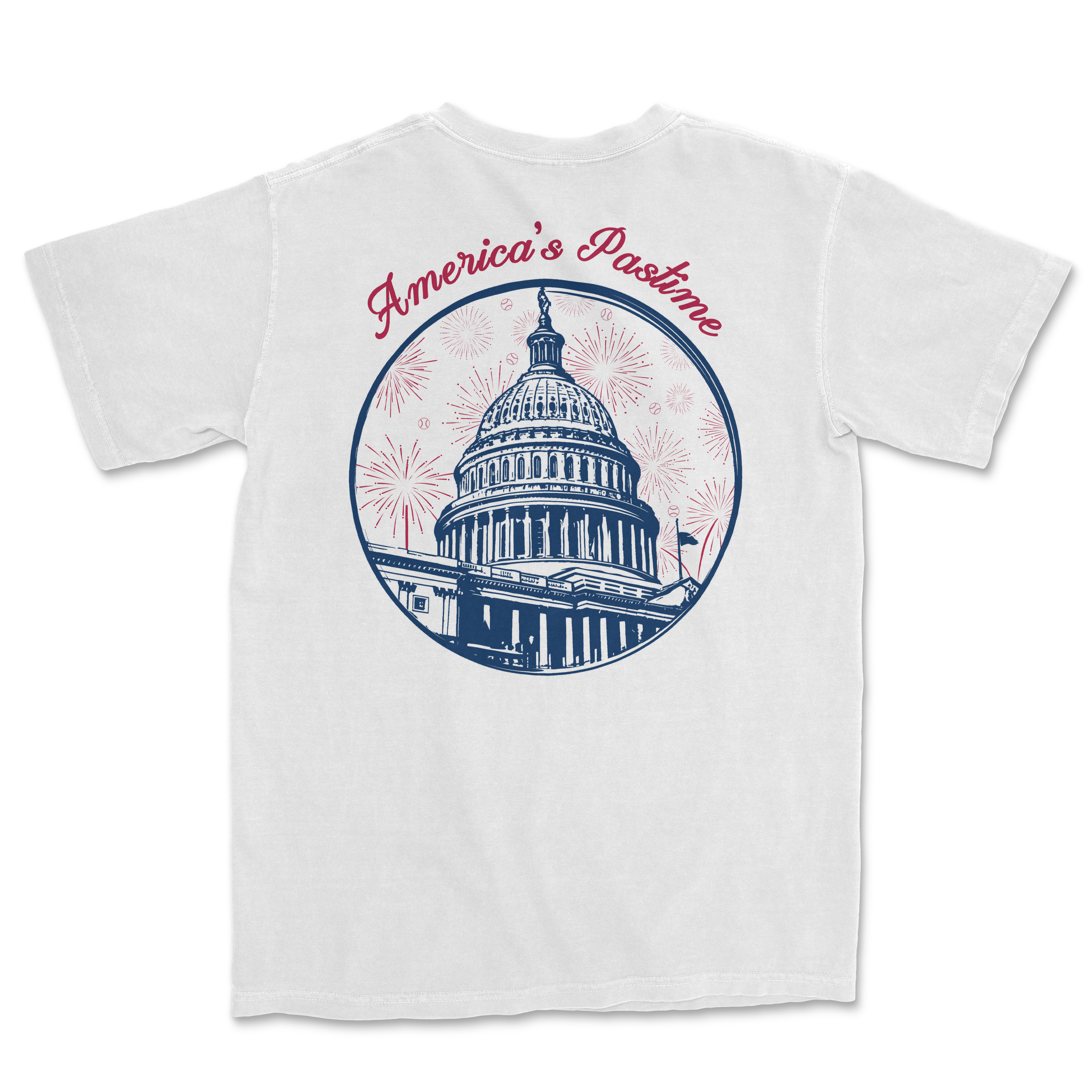 White t-shirt featuring a graphic of the U.S. Capitol dome with "America's Pastime" text and fireworks design.
