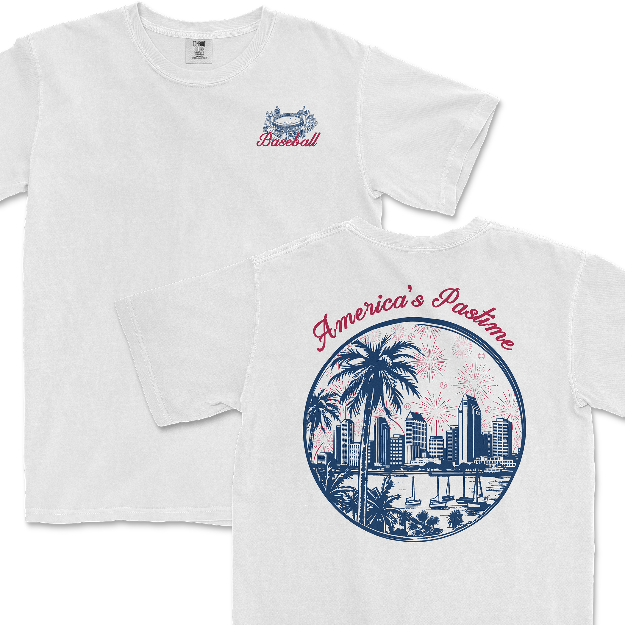 White t-shirt featuring a baseball graphic on the front and a vibrant city skyline with palm trees on the back, labeled "America's Pastime.