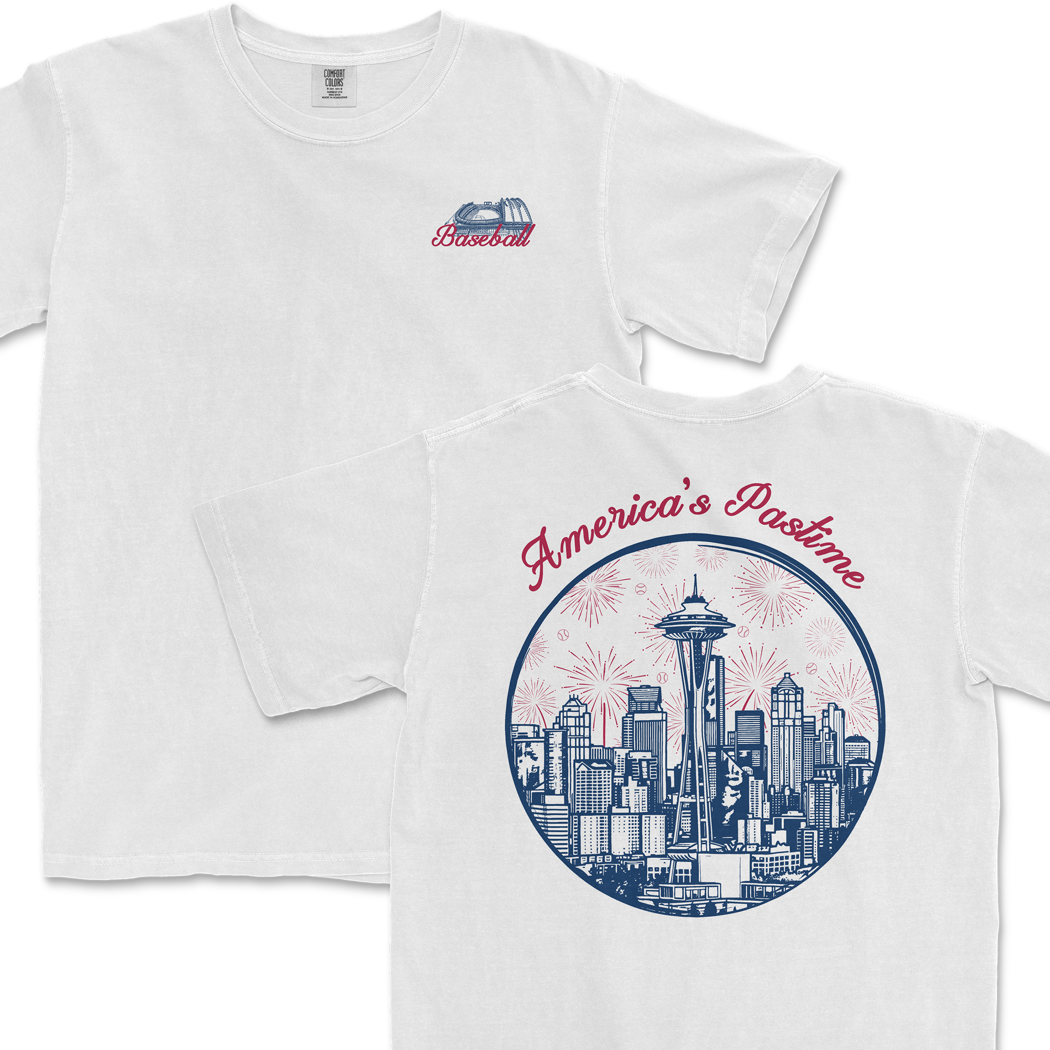 White t-shirt featuring a Seattle skyline graphic with "America's Pastime" text and baseball design on the front.