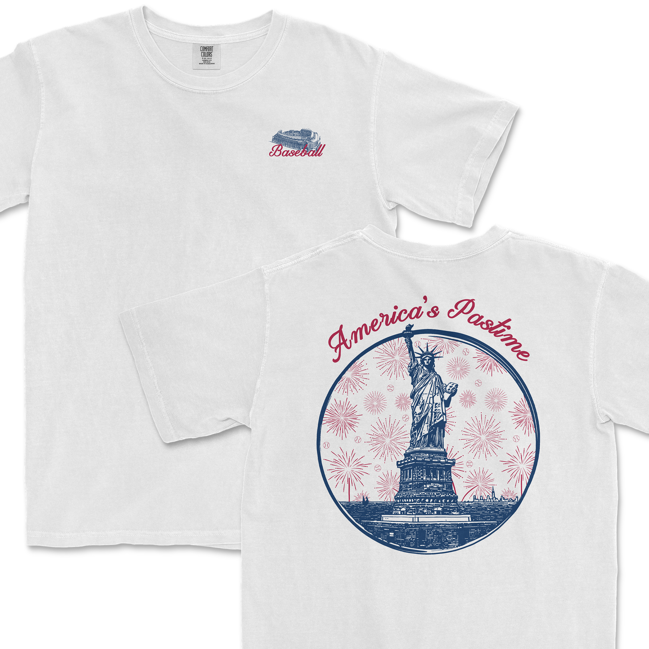 White t-shirt featuring the Statue of Liberty with fireworks and the text "America's Pastime" on the back, and a baseball graphic on the front.