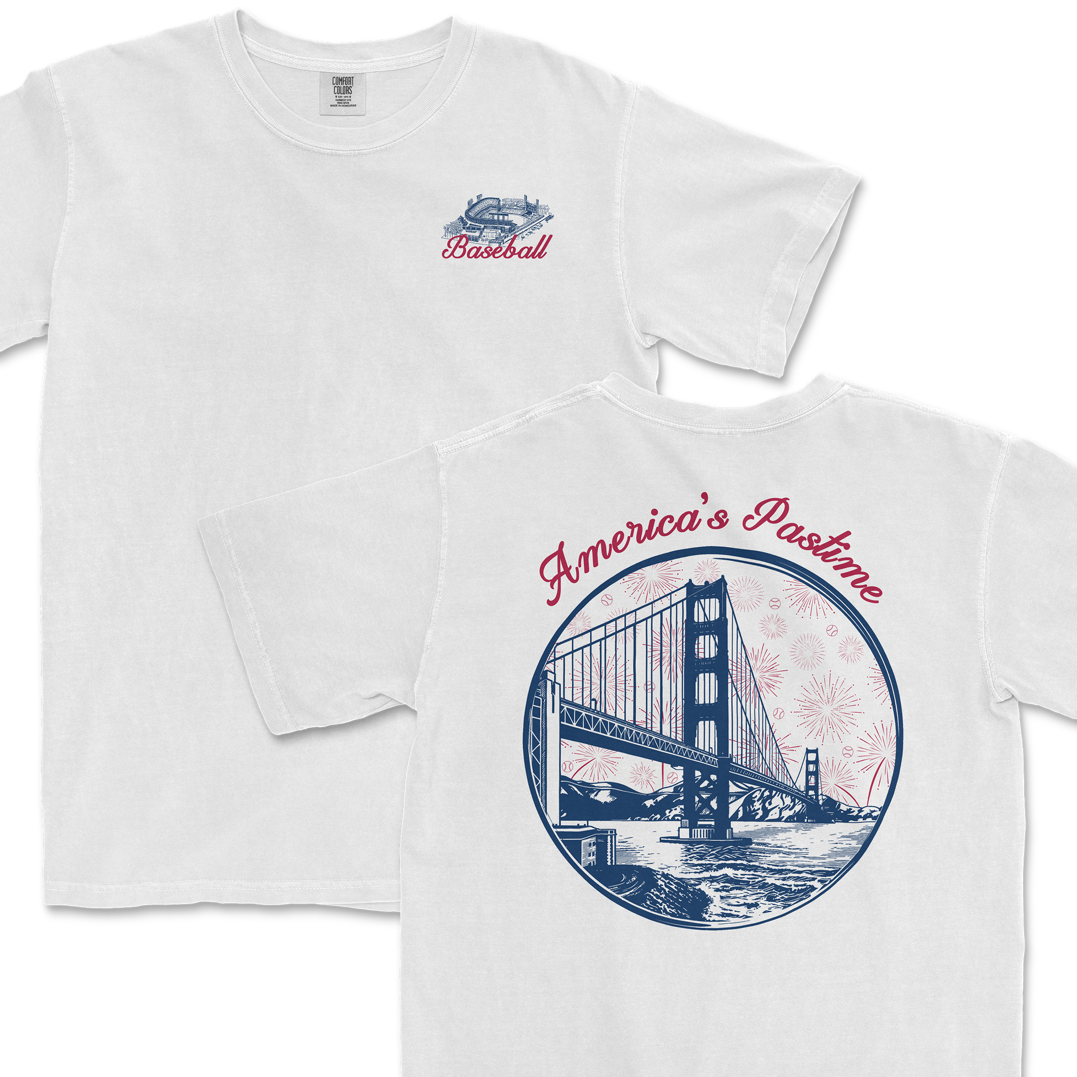 White t-shirt featuring a graphic of the Golden Gate Bridge with "America's Pastime" text and baseball design.