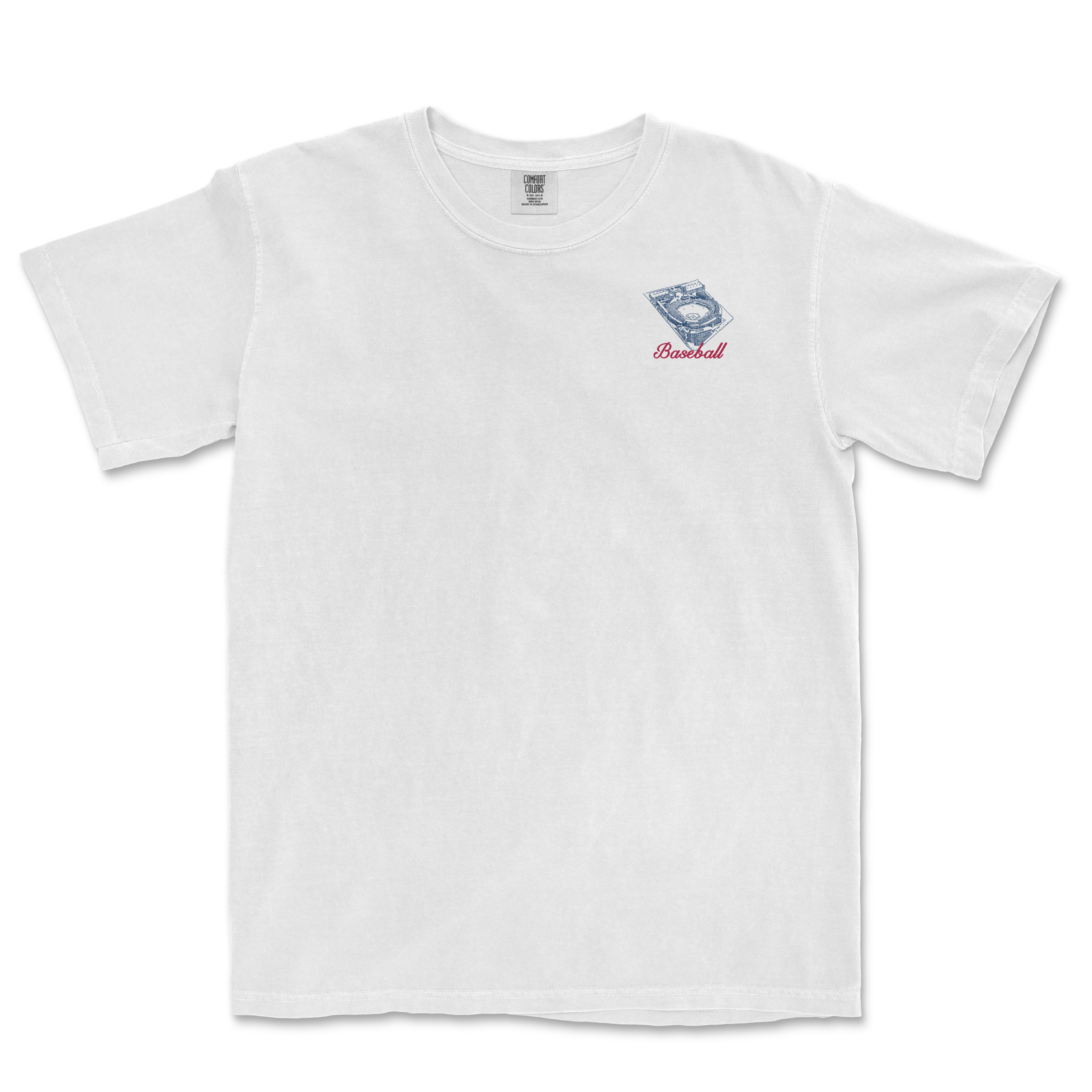 White t-shirt featuring a baseball graphic and "Baseball" text, celebrating America's pastime in a stylish design.