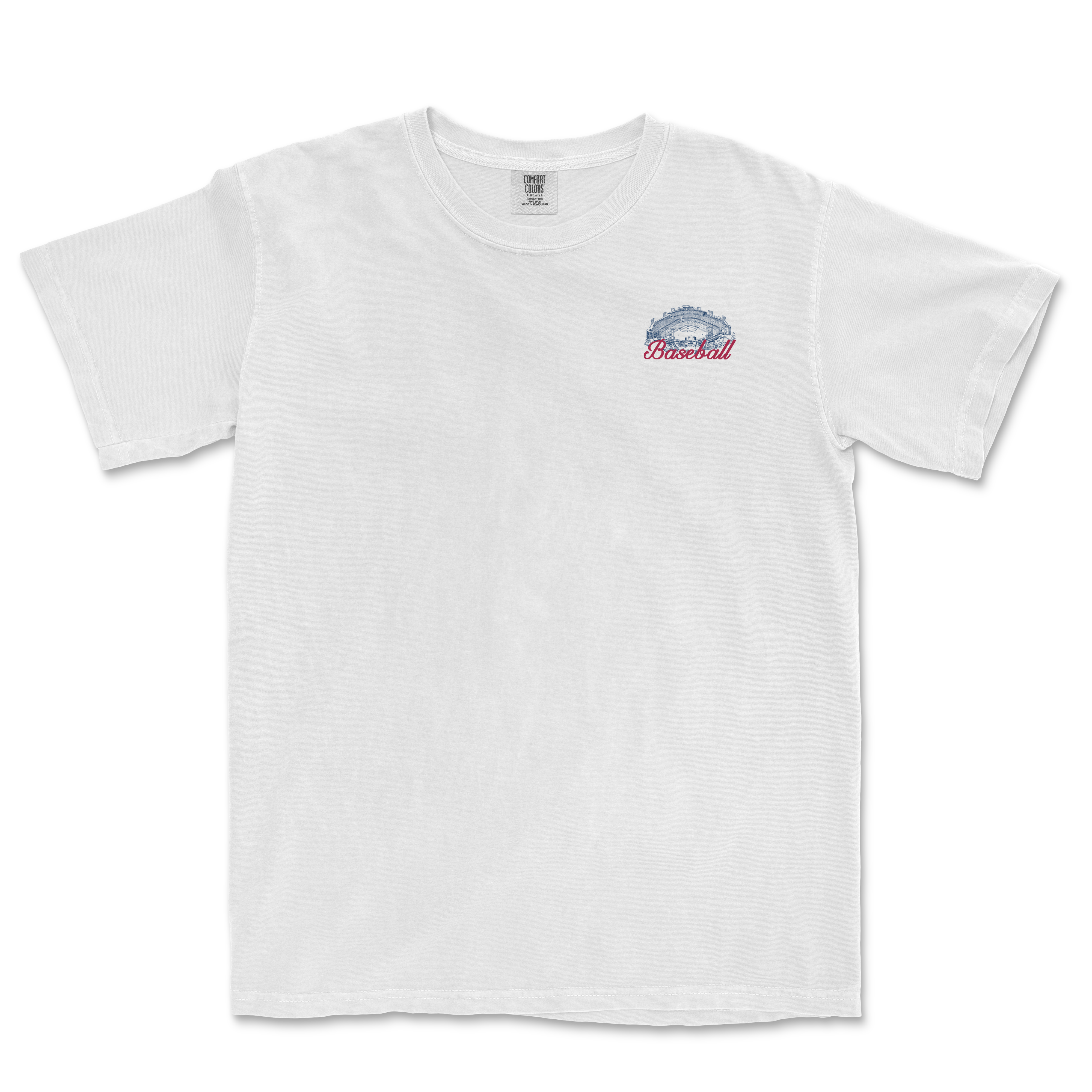 White t-shirt featuring "Baseball" graphic and vintage-style design, celebrating America's pastime for fans.