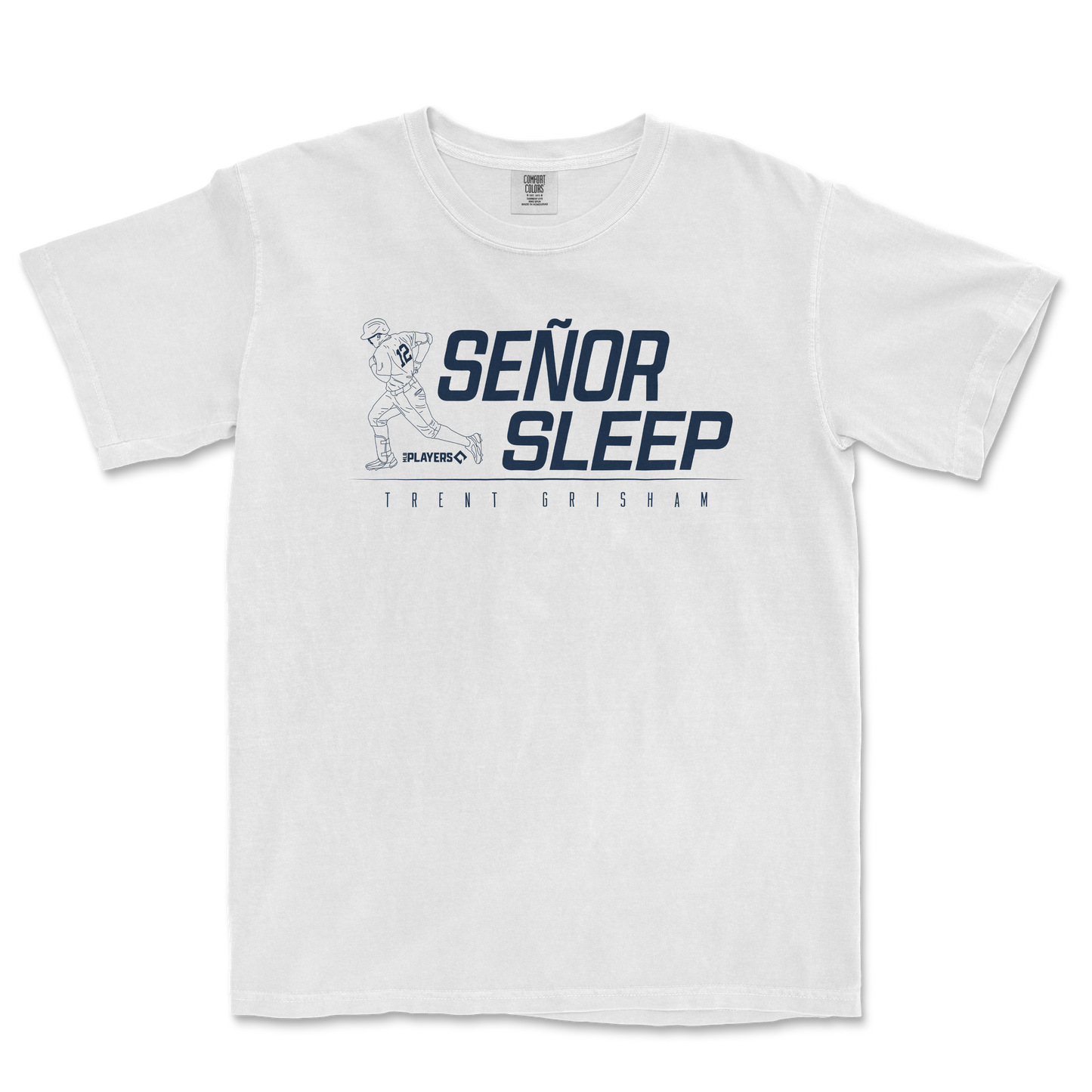 White T-shirt featuring a graphic of a baseball player, with text "Señor Sleep" and "Trent Grisham" underneath.