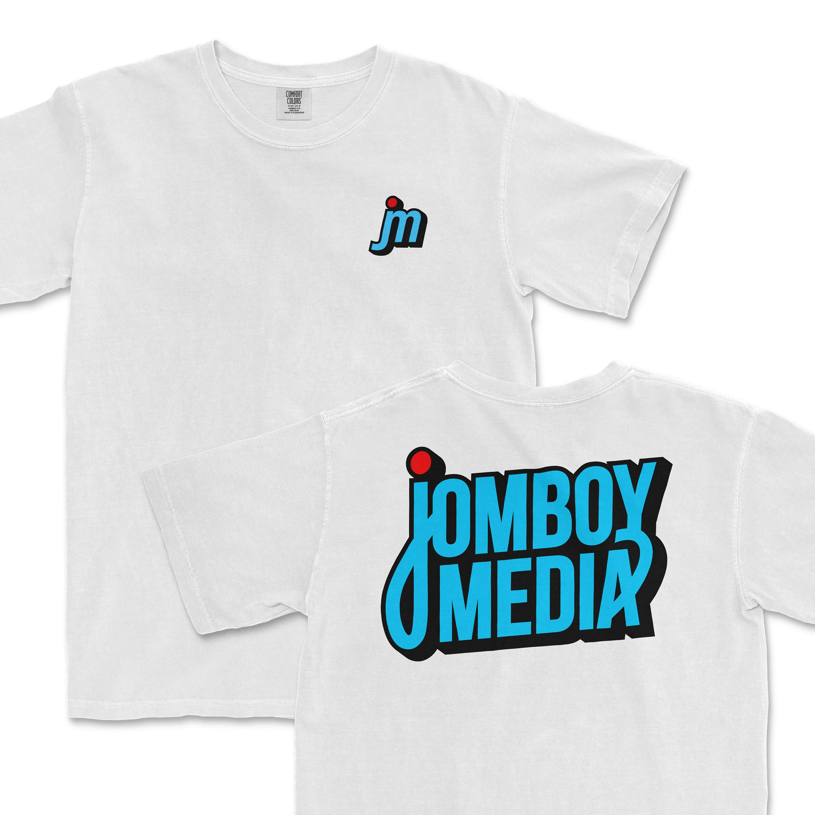 White JM Logo Tee featuring a small logo on the front and a bold "Jomboy Media" graphic on the back.