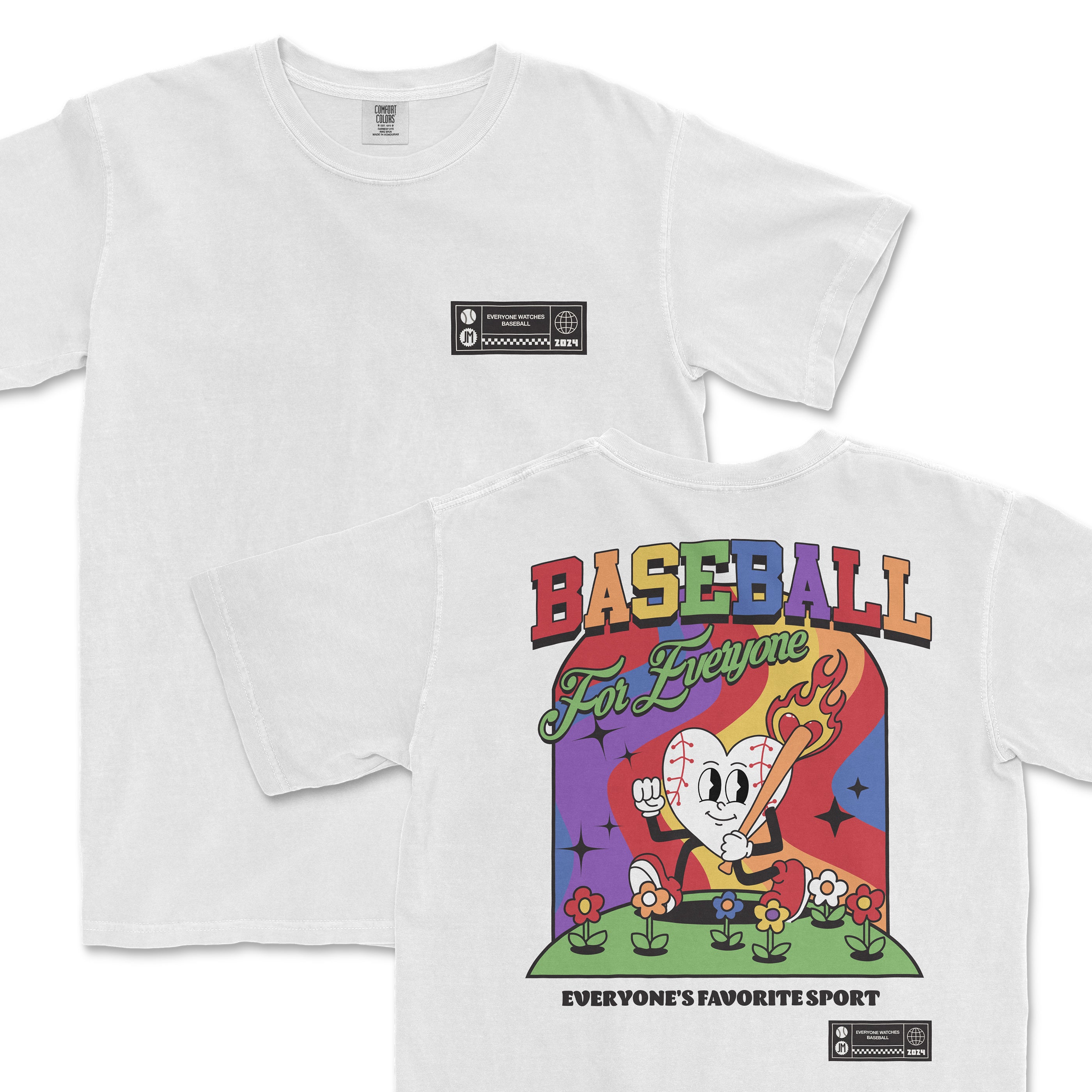 White t-shirt featuring colorful graphic with a cartoon character and the text "Baseball For Everyone" on the back.