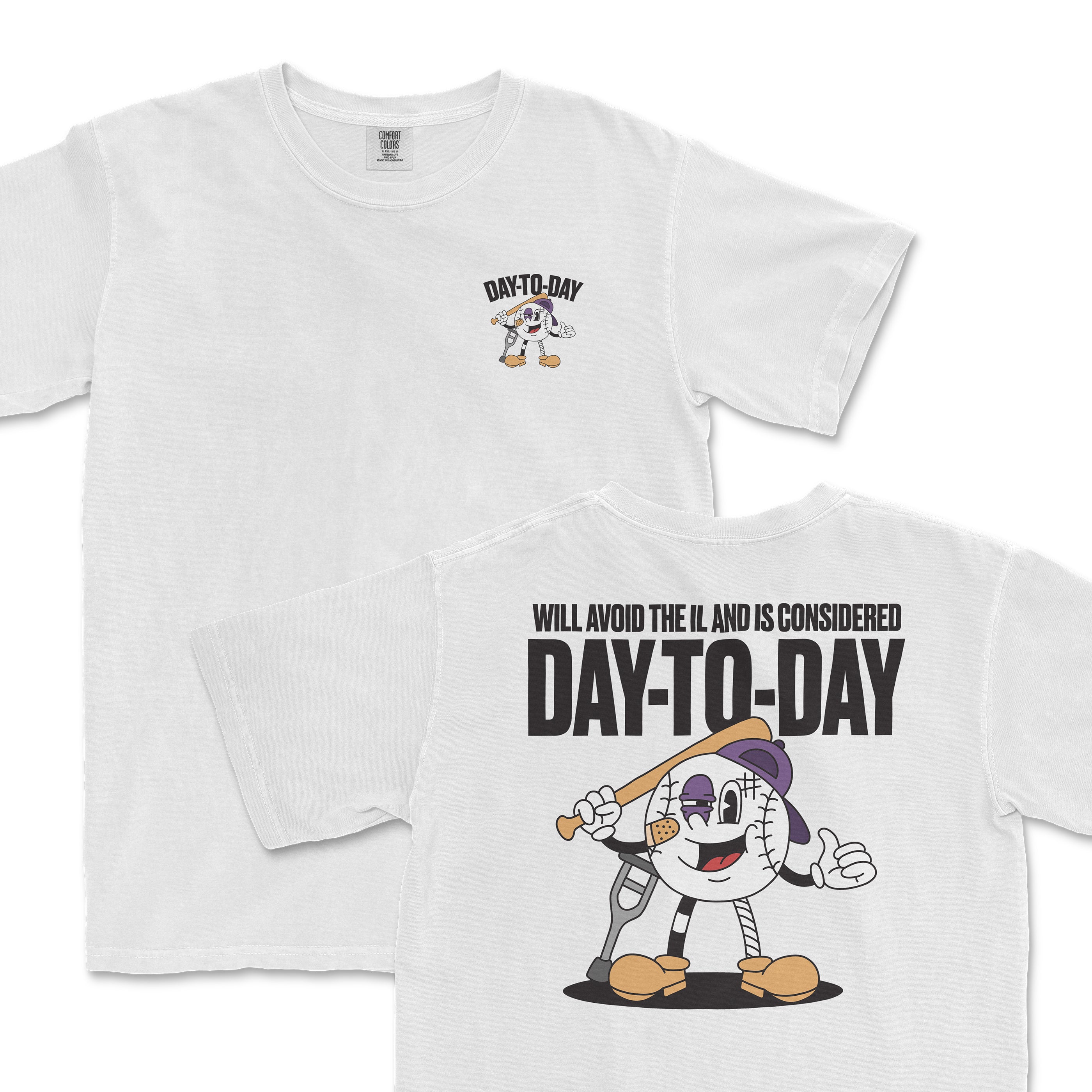 White t-shirt featuring a cartoon character with a baseball bat on the back and "Day-To-Day" text, emphasizing sports themes.