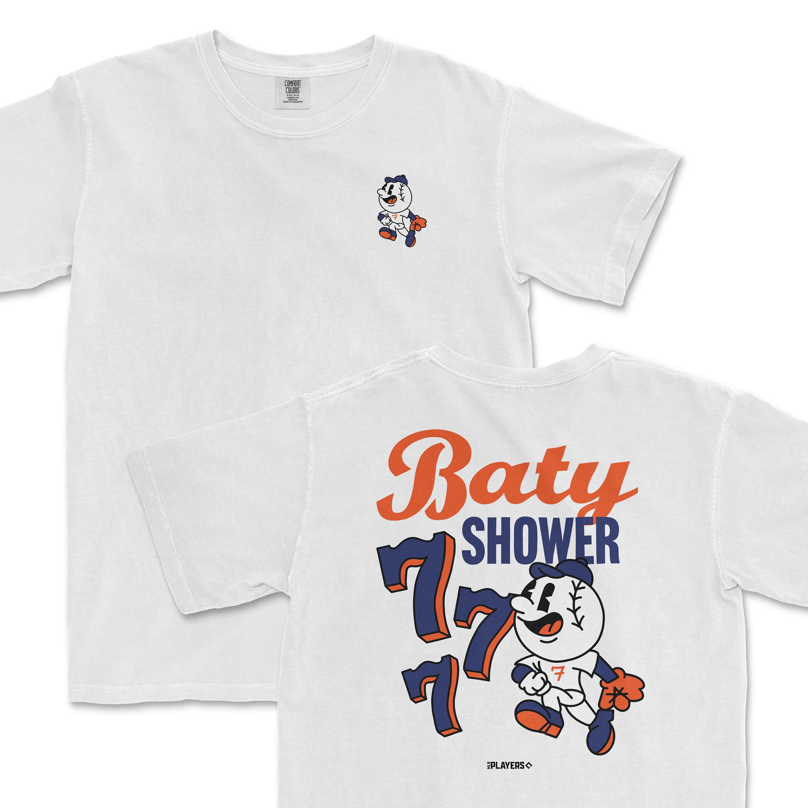 Brett Baty summer cartoon t-shirt featuring a playful character design with "Baty Shower" and bold numbers on the back.