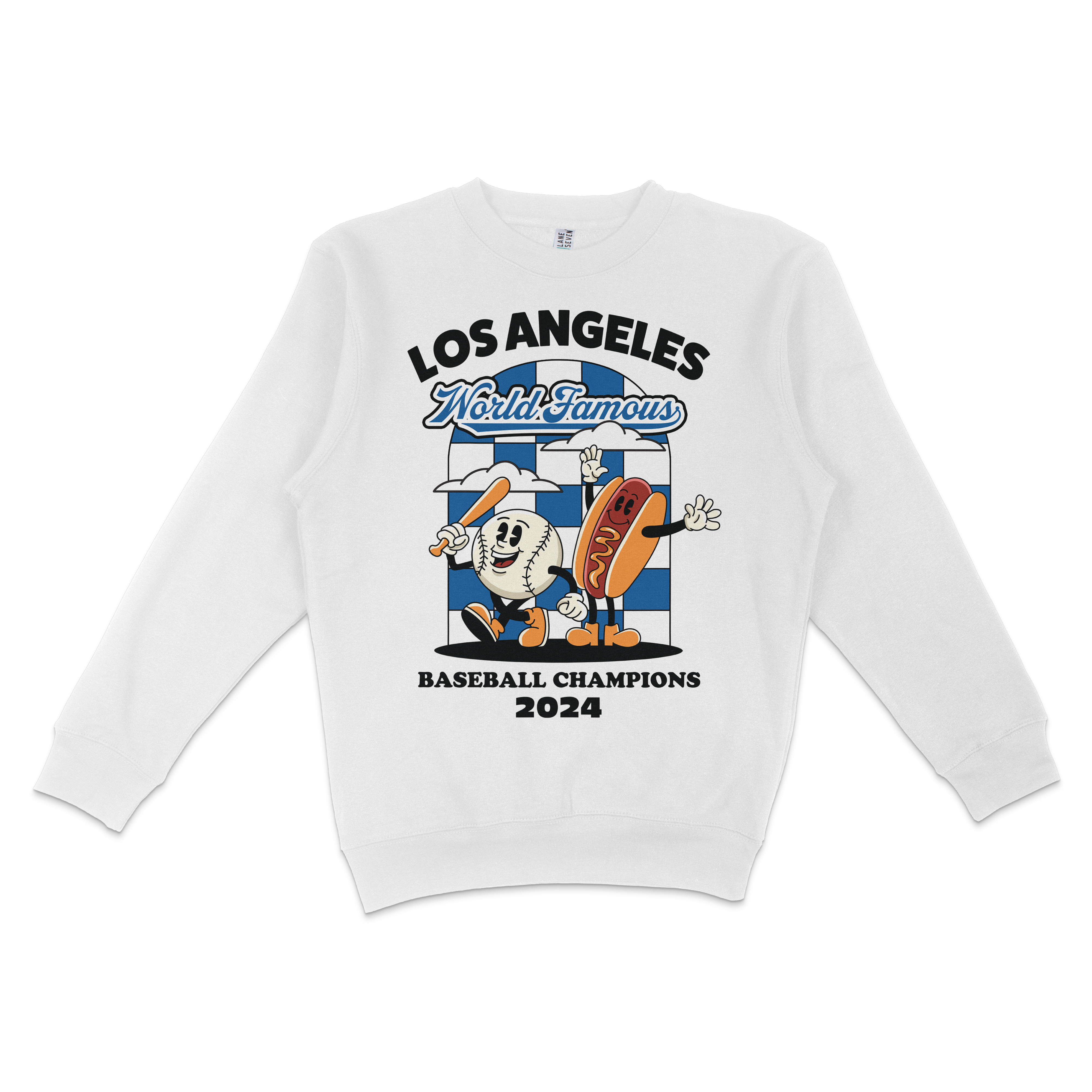 White crewneck sweatshirt featuring cartoon baseball and hot dog characters celebrating Los Angeles 2024 World Famous Baseball Champions.