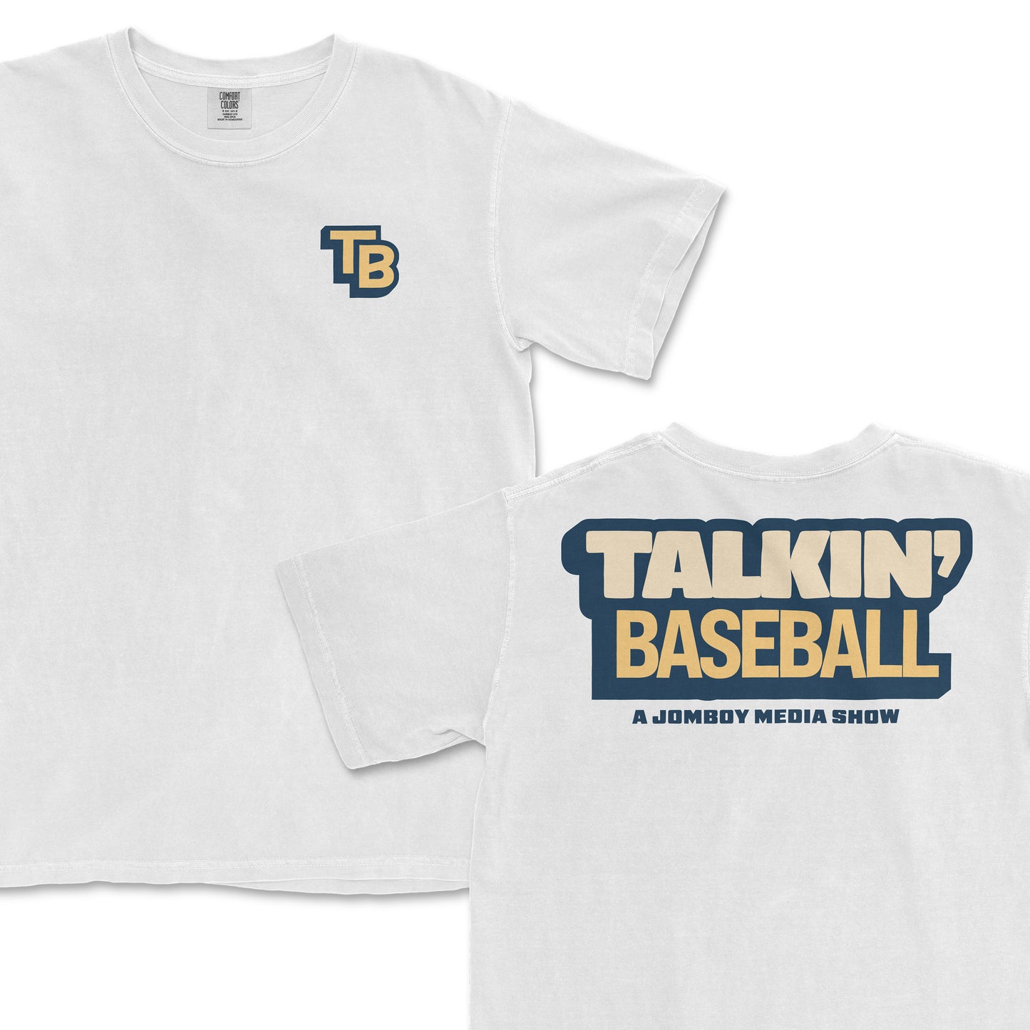 White T-shirt featuring a 3D-style "TB" logo on the front and "TALKIN' BASEBALL" with "A JOMBOY MEDIA SHOW" text in bold, layered 3D lettering on the back.