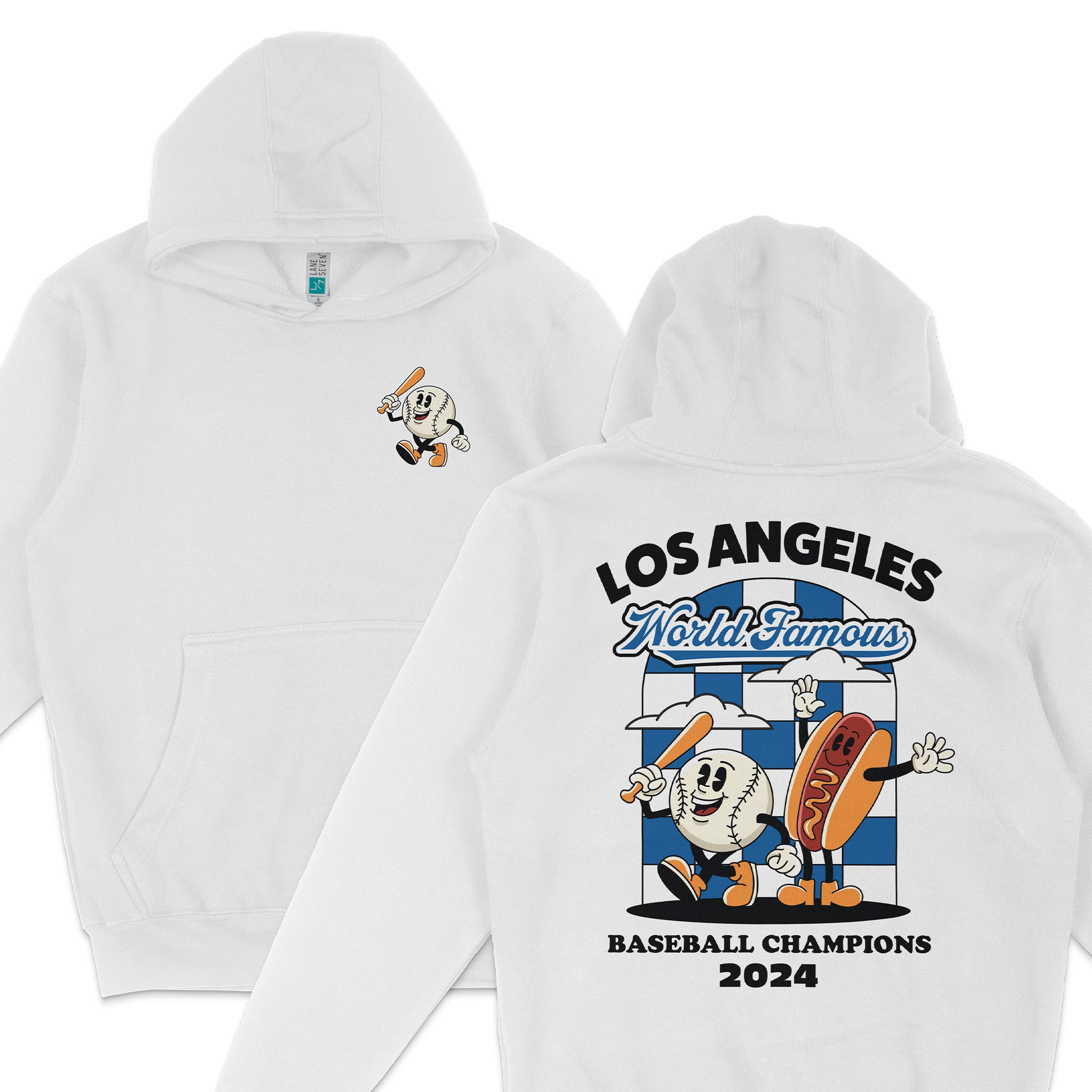 White hoodie featuring a cartoon baseball character and hot dog mascot celebrating the 2024 Los Angeles World Famous Baseball Champions.