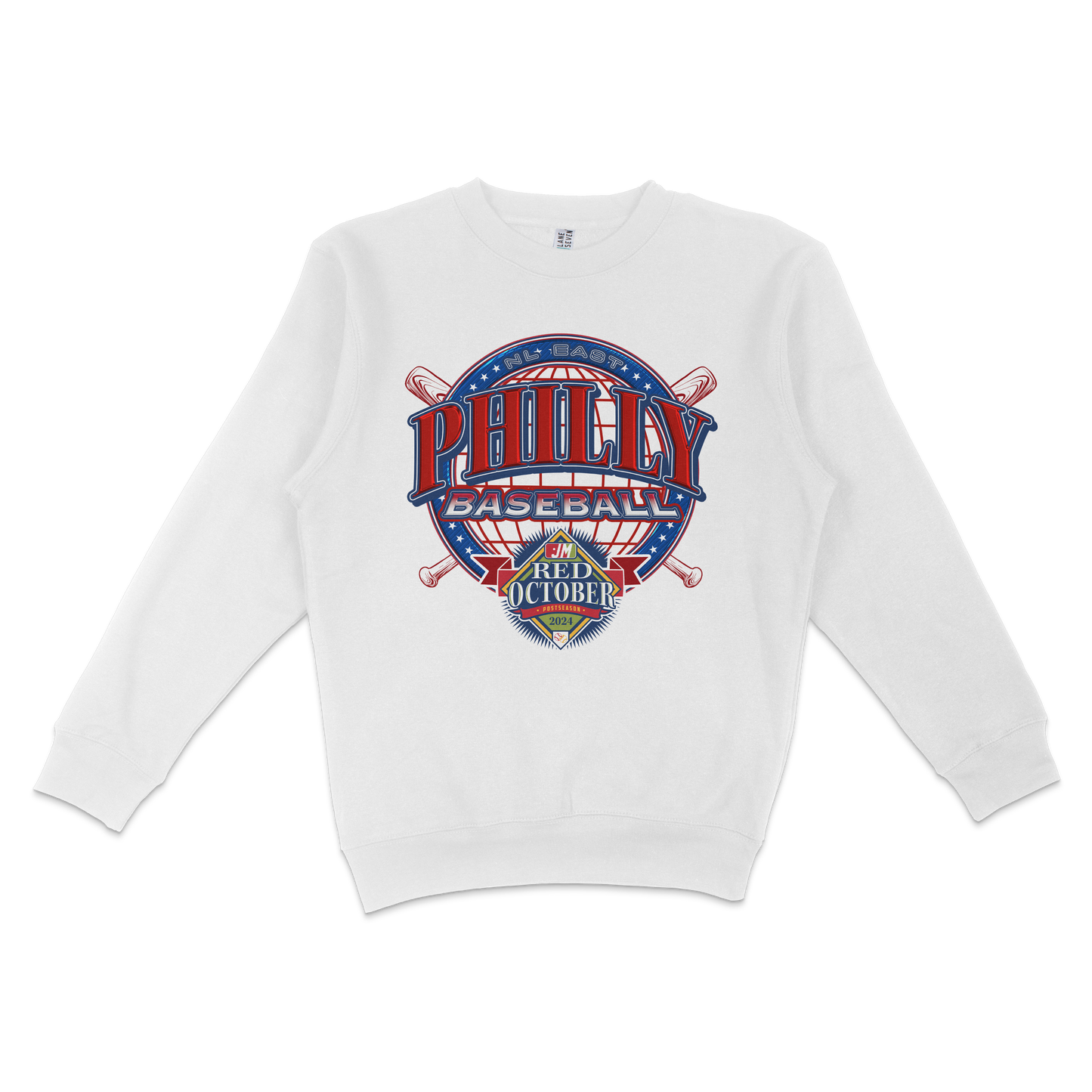 White crewneck sweatshirt featuring a colorful "Philly Baseball" graphic with "Red October 2024" text and baseball-themed design.