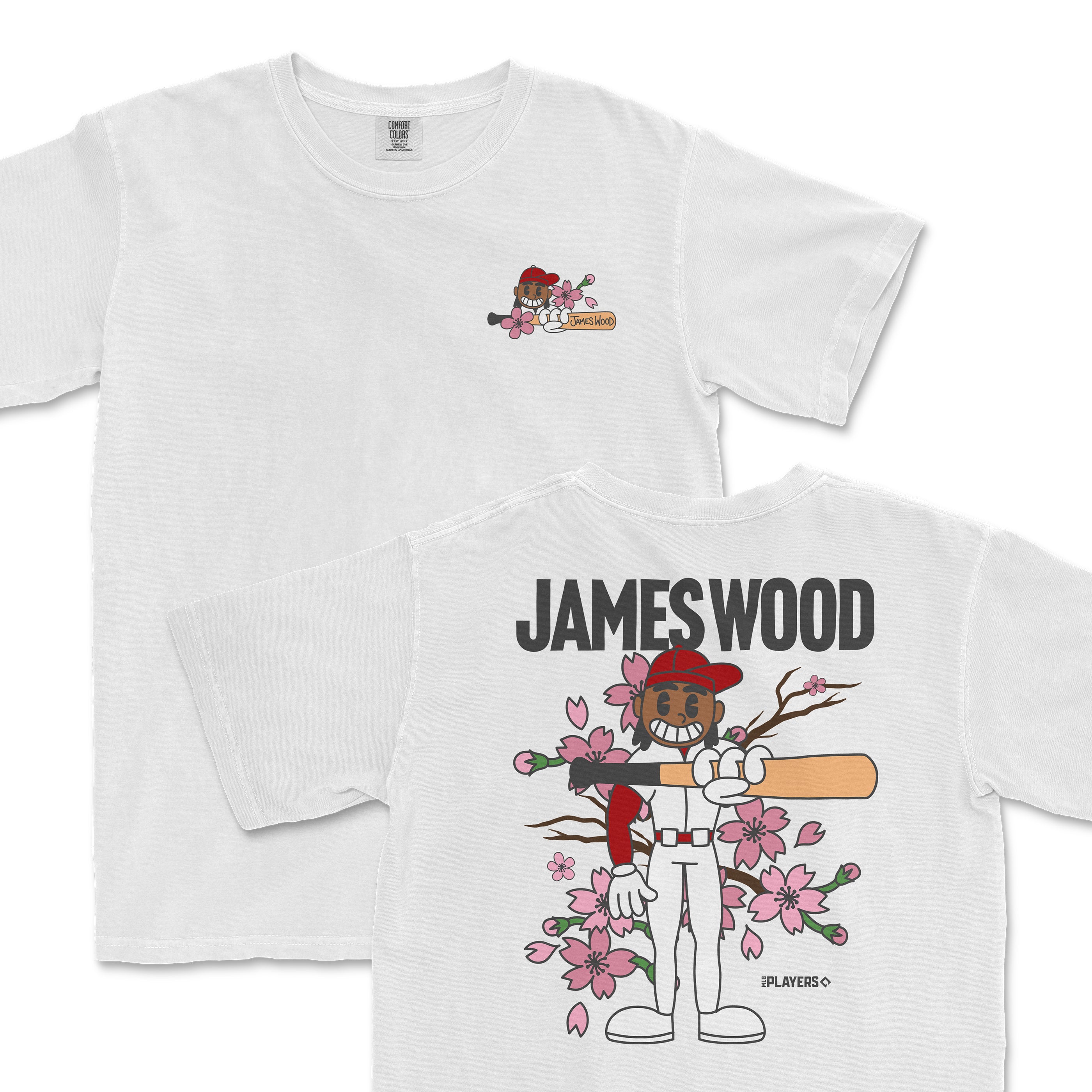 White t-shirt featuring a cartoon character holding a bat surrounded by flowers, with "James Wood" printed on the back.