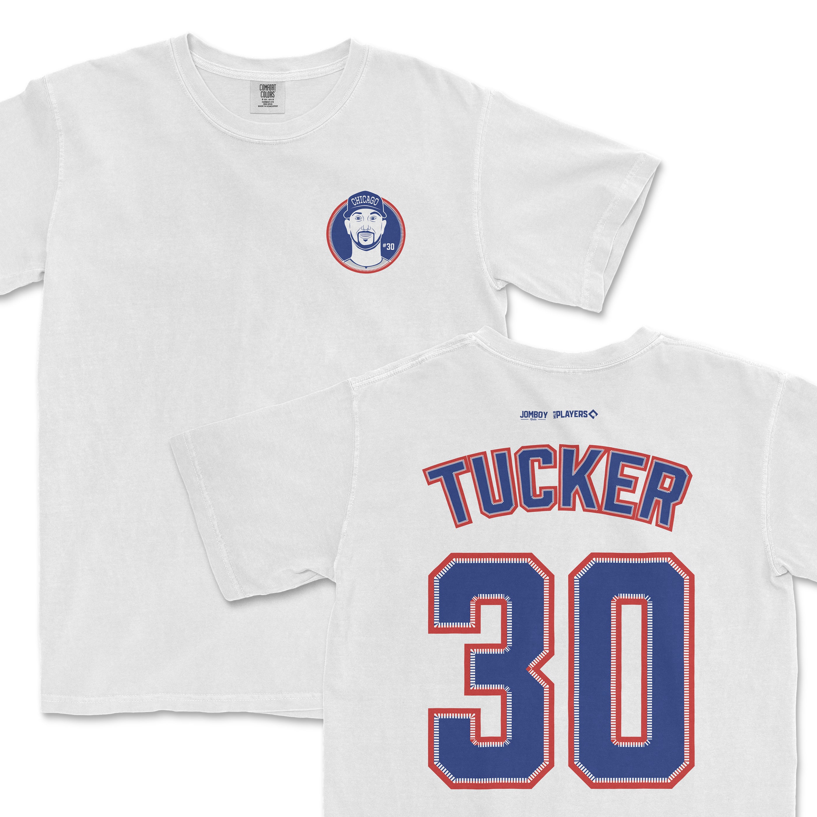 White Comfort Colors tee featuring a Chicago-themed graphic on the front and "TUCKER 30" in bold blue and red lettering on the back.