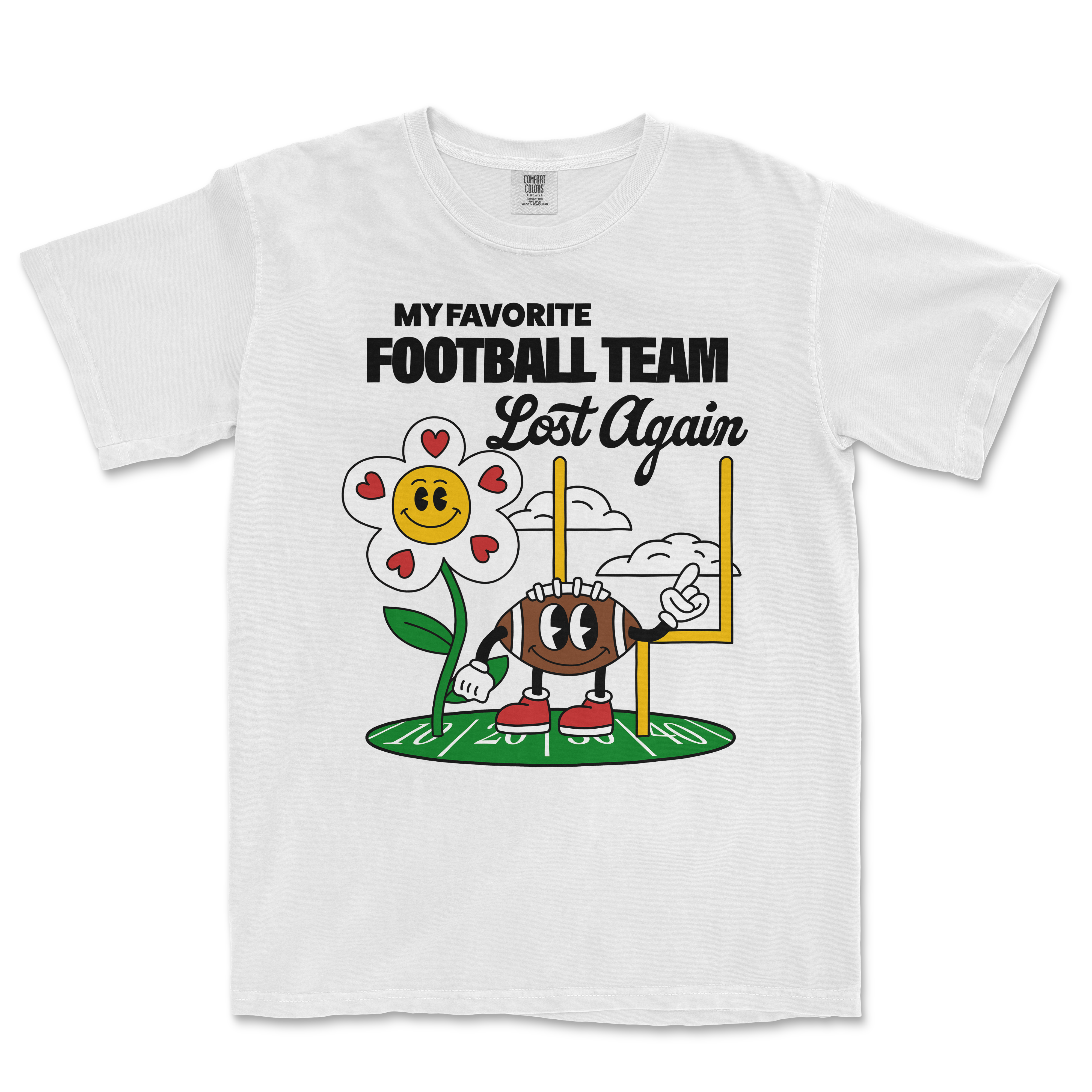 White Comfort Colors T-shirt with a cartoon flower and football character, featuring the text "My Favorite Football Team Lost Again.