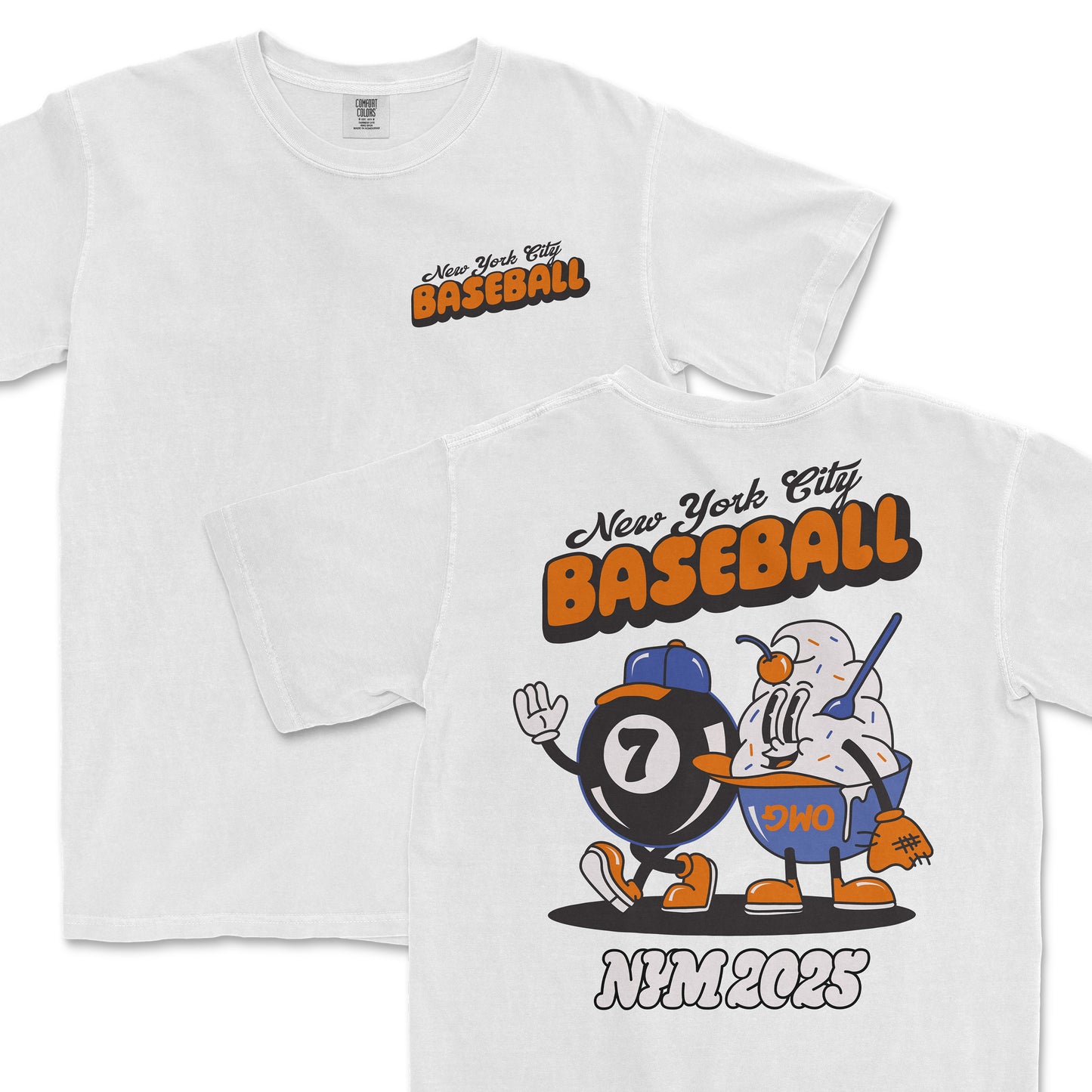 White Comfort Colors T-shirt featuring a vintage-style graphic of a magic 7 ball and a bowl of ice cream with a cherry, both wearing baseball caps.