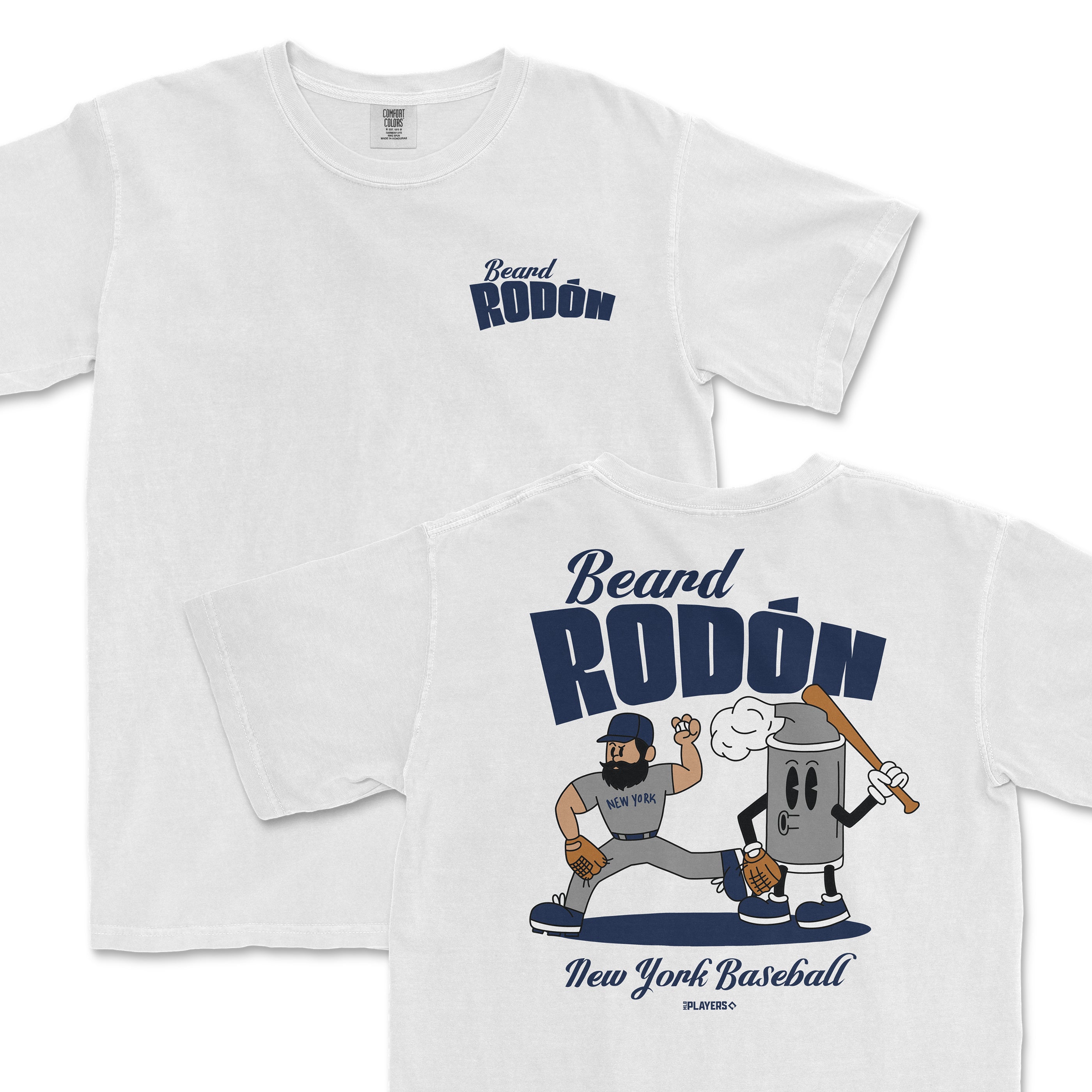 White t-shirt featuring a cartoon of Carlos Rodón with "Beard Rodón" text and a playful baseball-themed design.