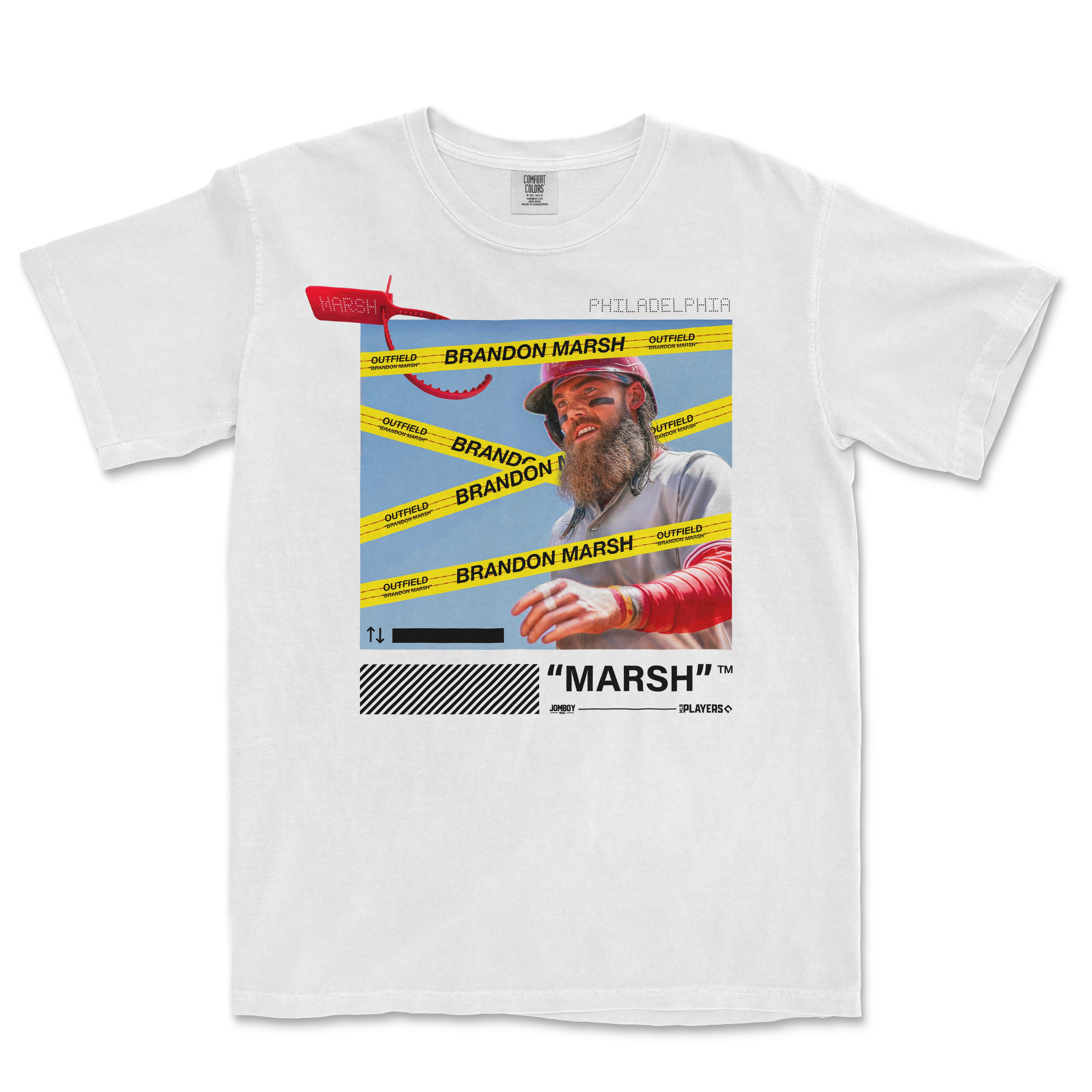 White Comfort Colors tee featuring a graphic of Brandon Marsh with yellow "Outfield" tape, black text, and a photo of Marsh in baseball gear.