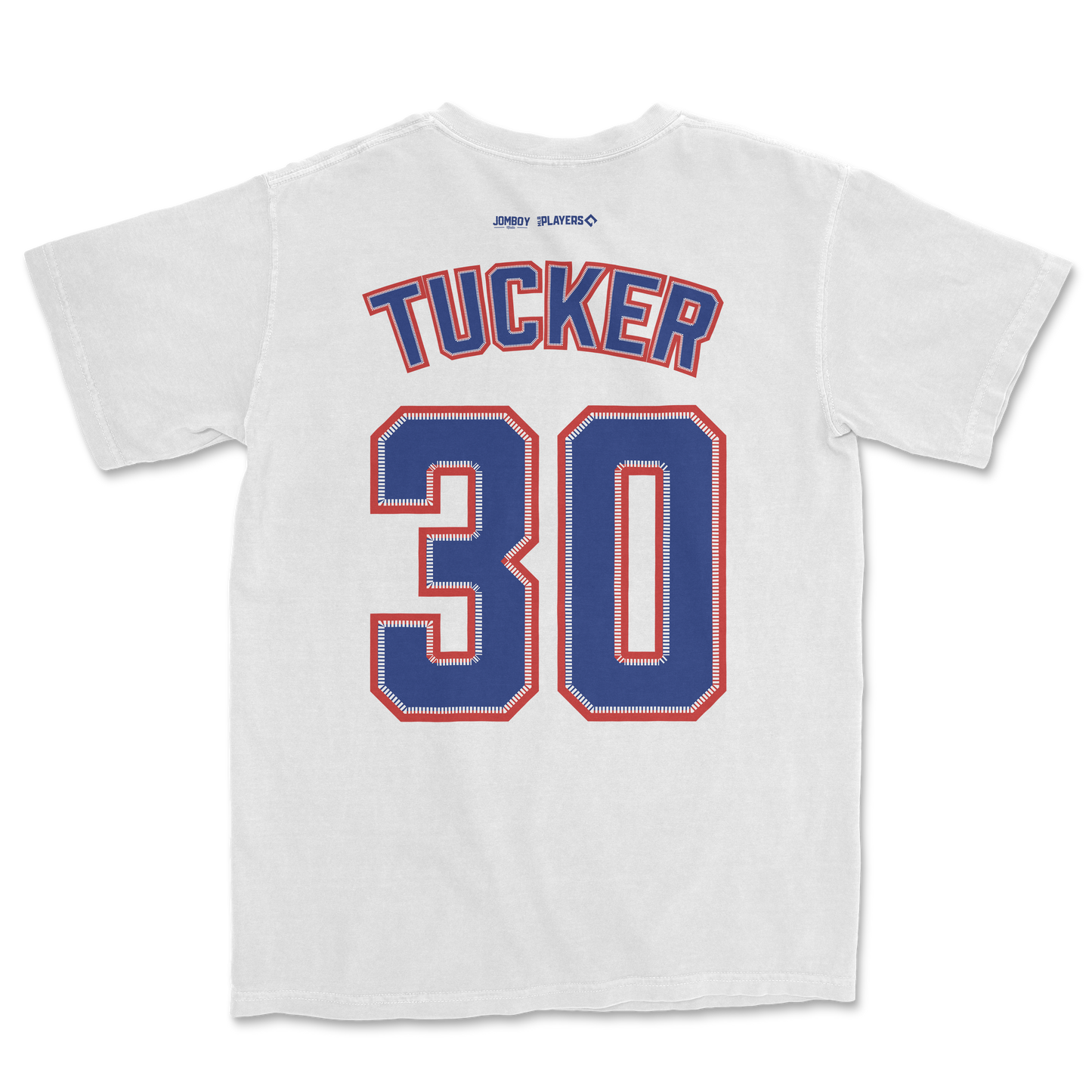 White Comfort Colors tee featuring "Tucker 30" in bold blue and red lettering on the back, with small logos near the collar.