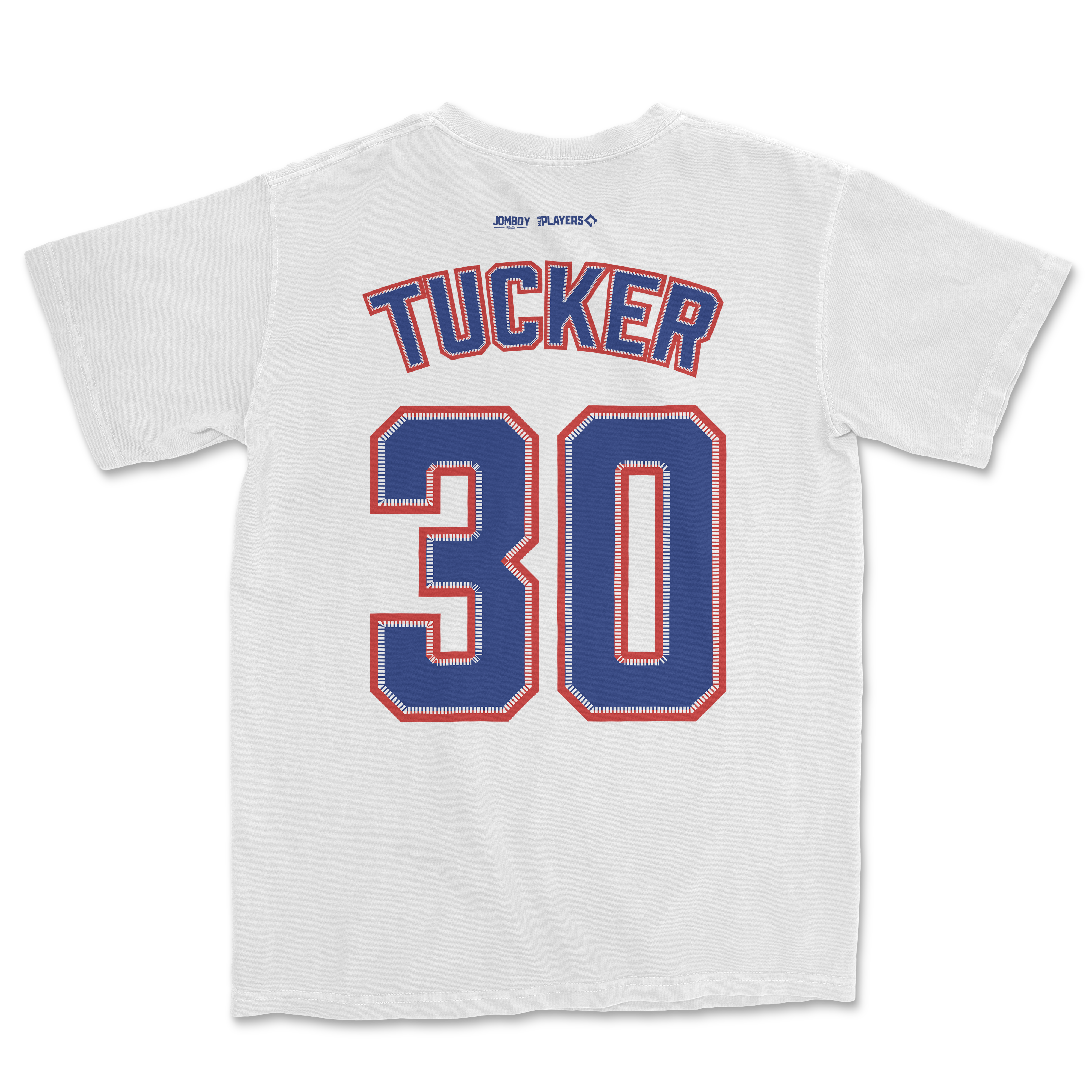 White Comfort Colors tee featuring "Tucker 30" in bold blue and red lettering on the back, with small logos near the collar.