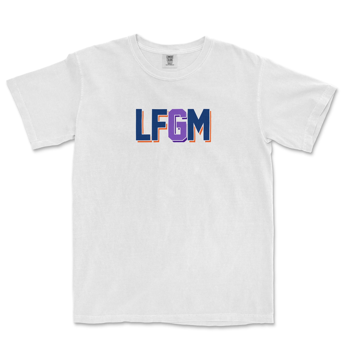 White Comfort Colors T-shirt with bold "LFGM" text in blue, purple, and orange lettering across the front.