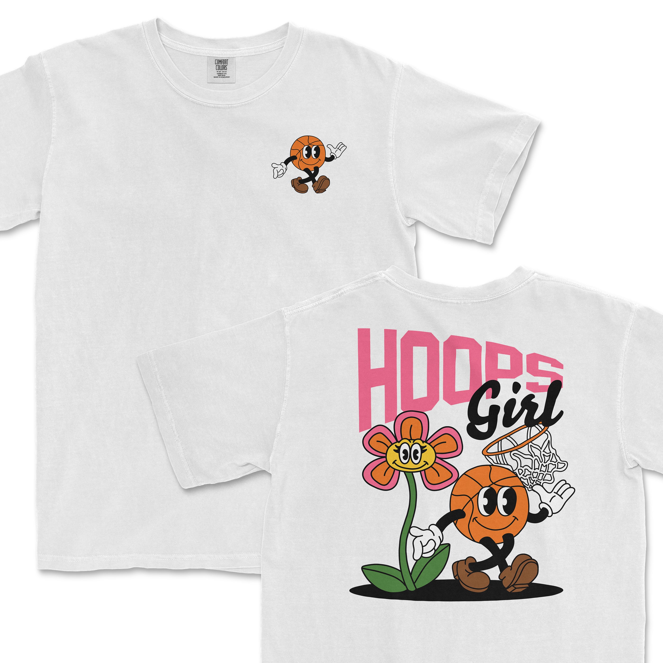 White Comfort Colors T-shirt featuring a cartoon basketball character with hoop and flower design, "Hoops Girl" text on back.