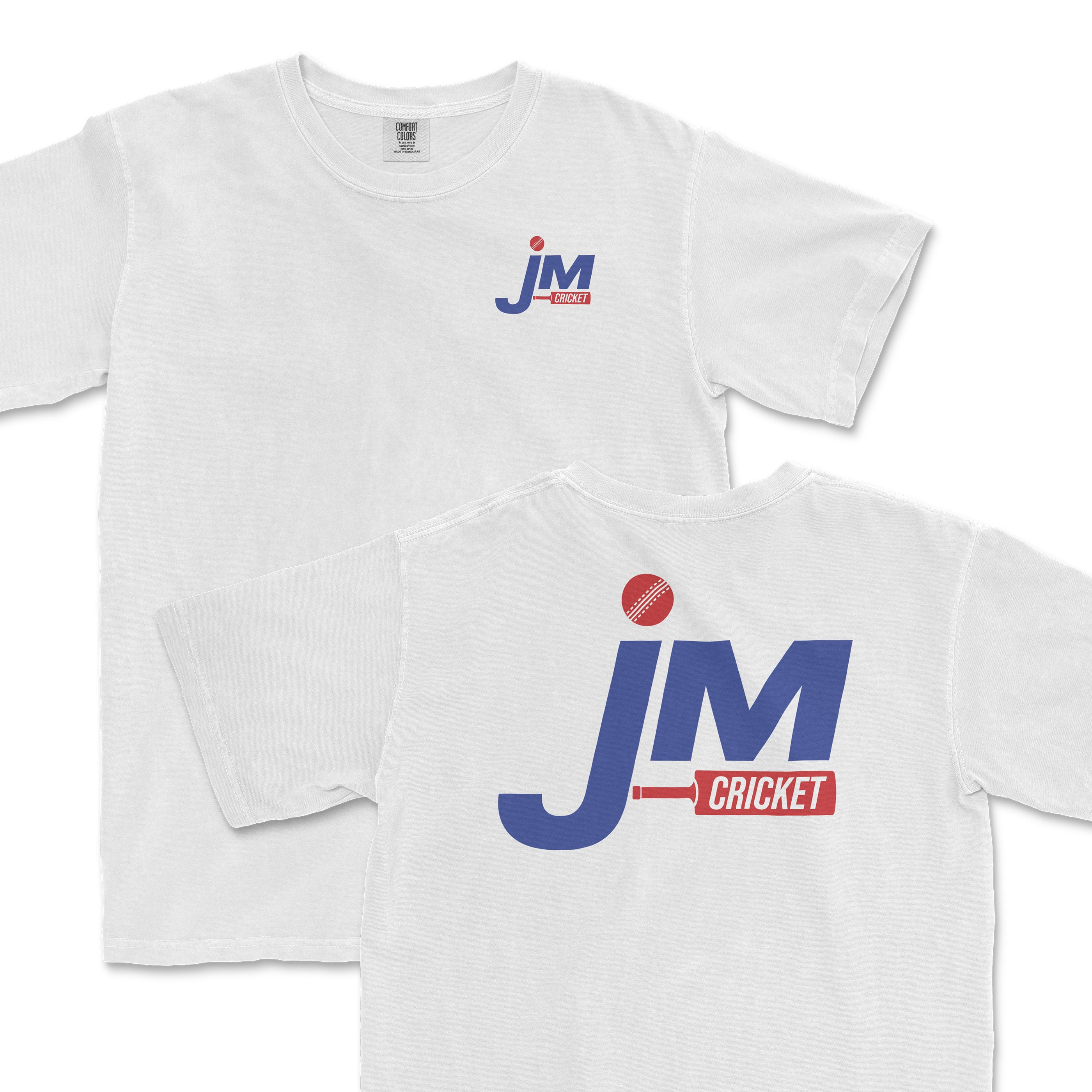 White JM Cricket T-shirt featuring a bold logo on the front and back, perfect for cricket fans and casual wear.