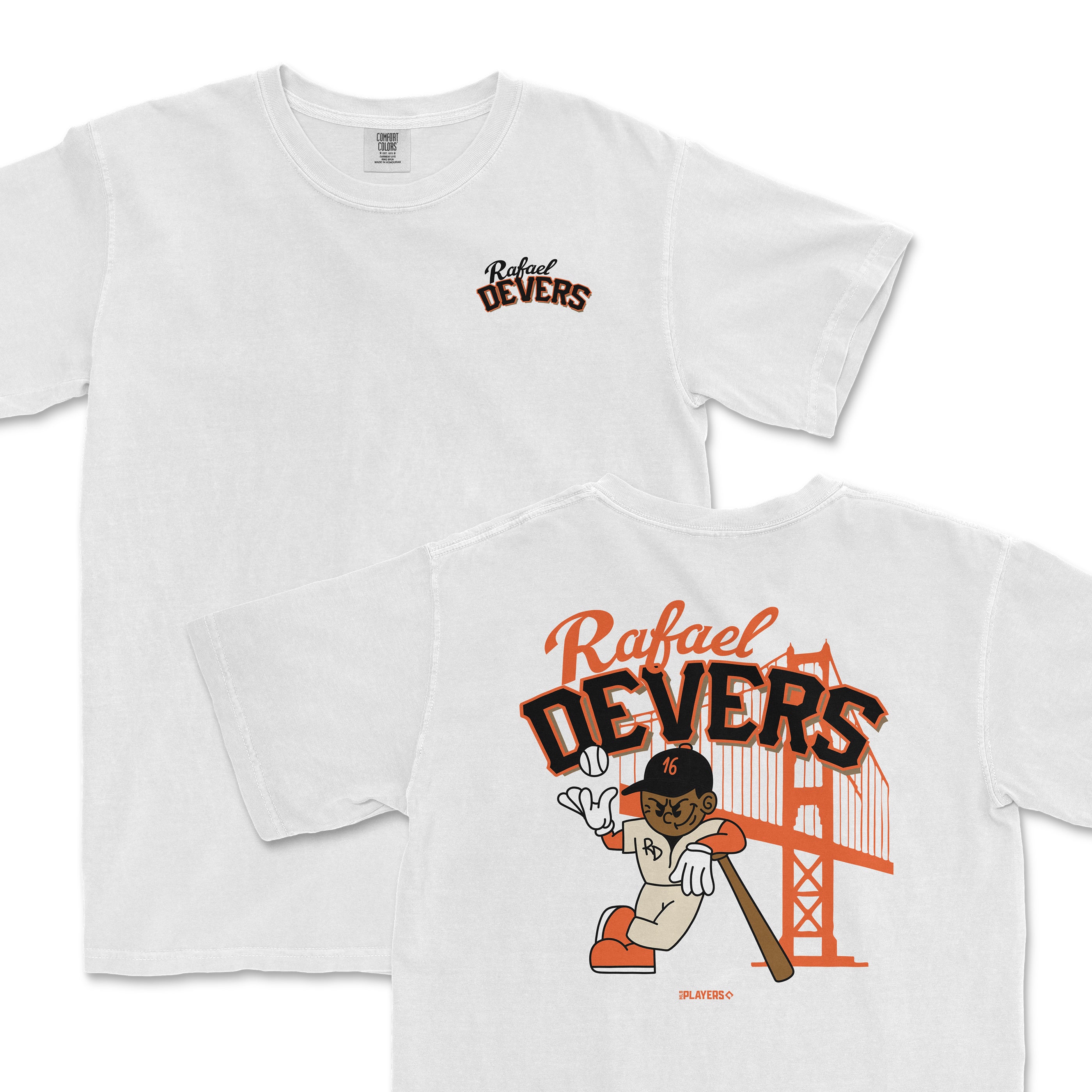White t-shirt featuring a cartoon of Rafael Devers with a bat, showcasing his name and number against a city skyline.