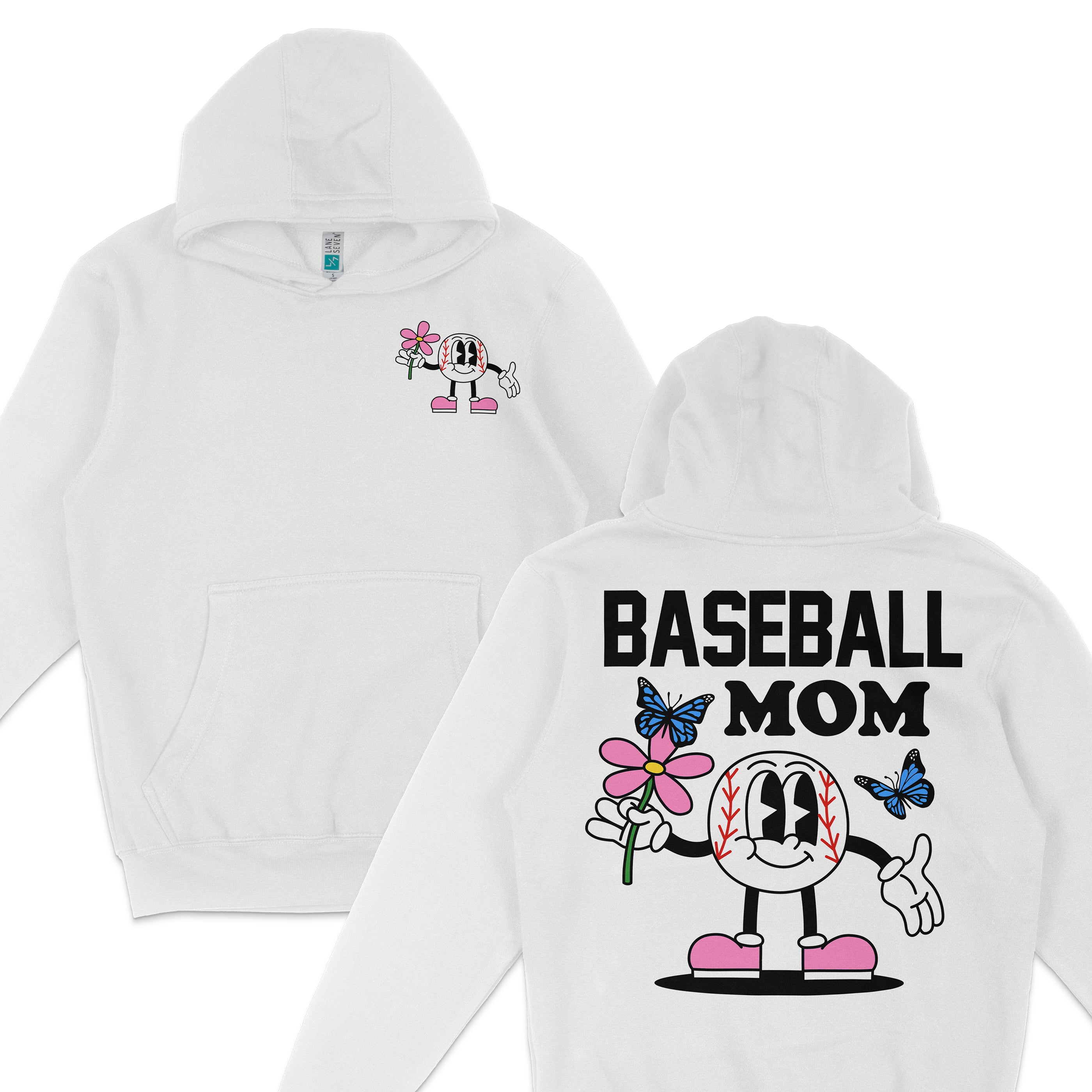 White hoodie with "Baseball Mom" text on back, cartoon baseball character holding a flower, with butterflies and pink accents.