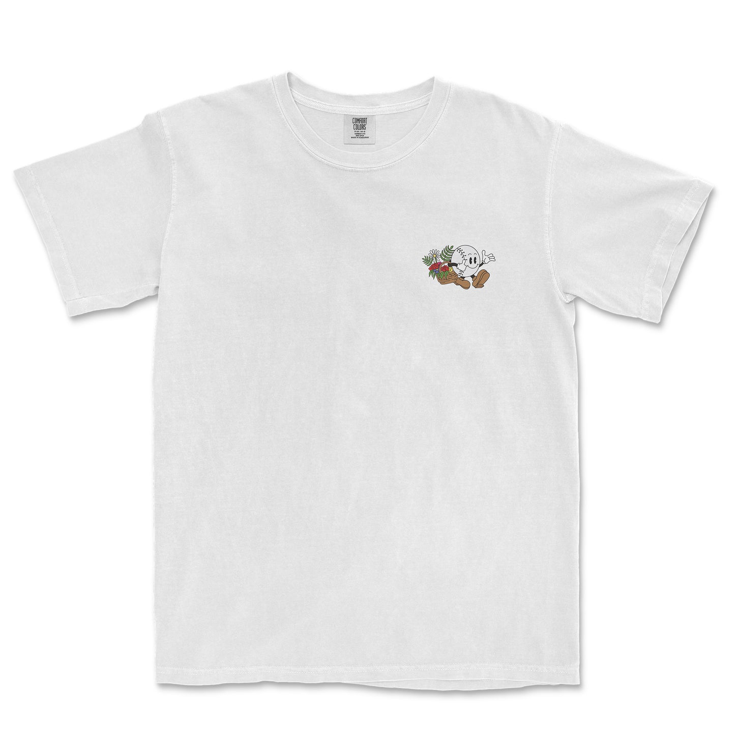 White Comfort Colors tee featuring a small baseball girl graphic with flowers on the chest.