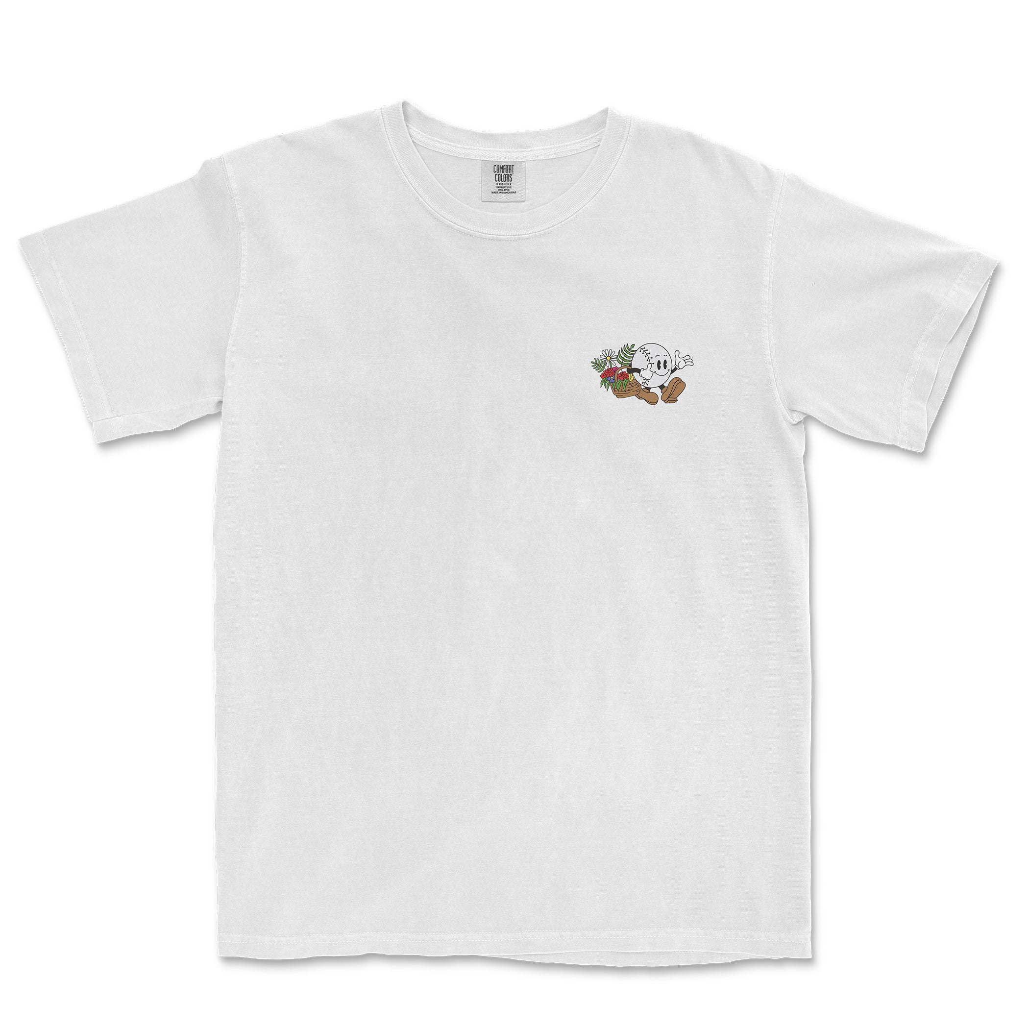 White Comfort Colors tee featuring a small baseball girl graphic with flowers on the chest.