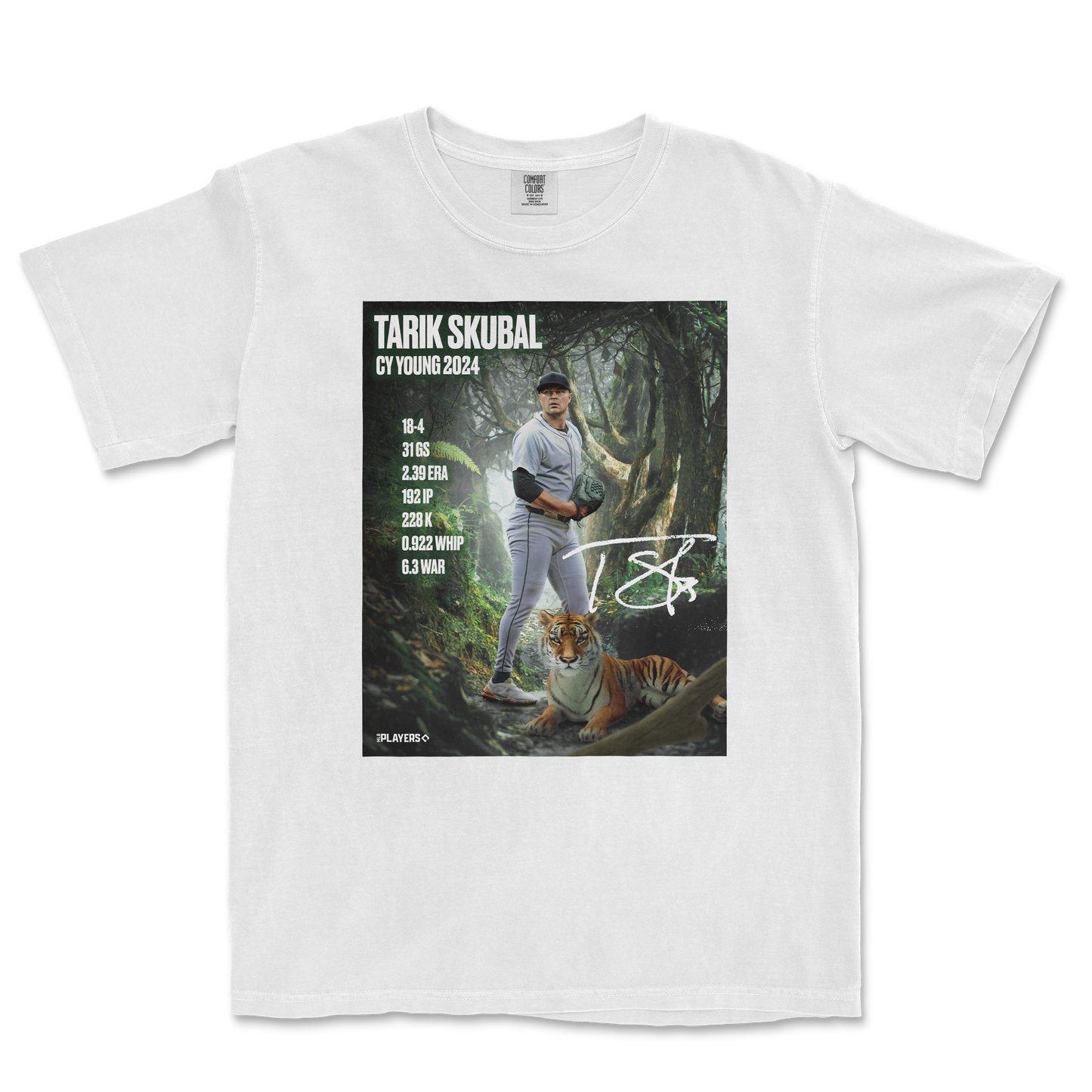 White T-shirt featuring a Tarik Skubal Cy Young 2024 design with a jungle background, stats, and a tiger illustration.