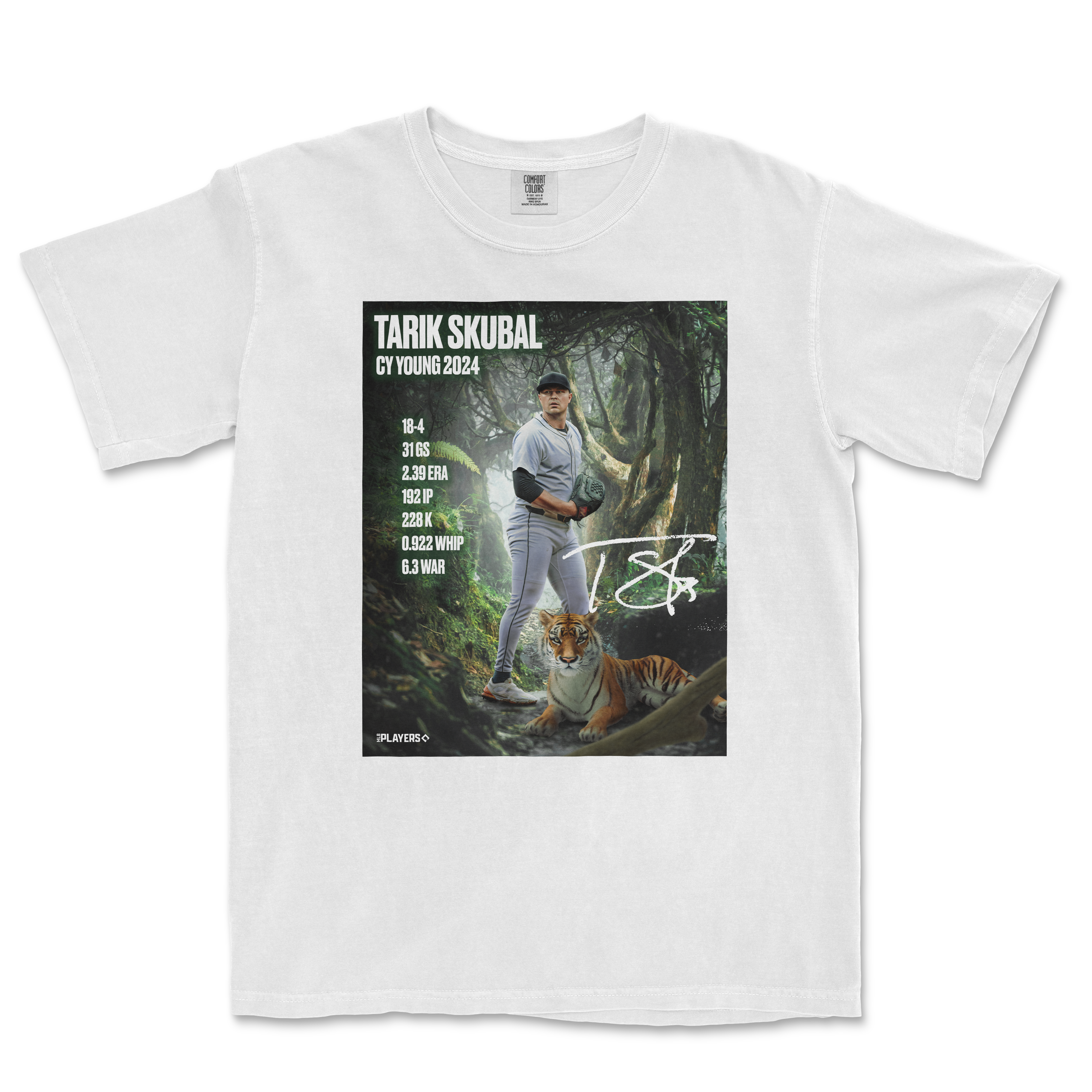 White T-shirt featuring a Tarik Skubal Cy Young 2024 design with a jungle background, stats, and a tiger illustration.