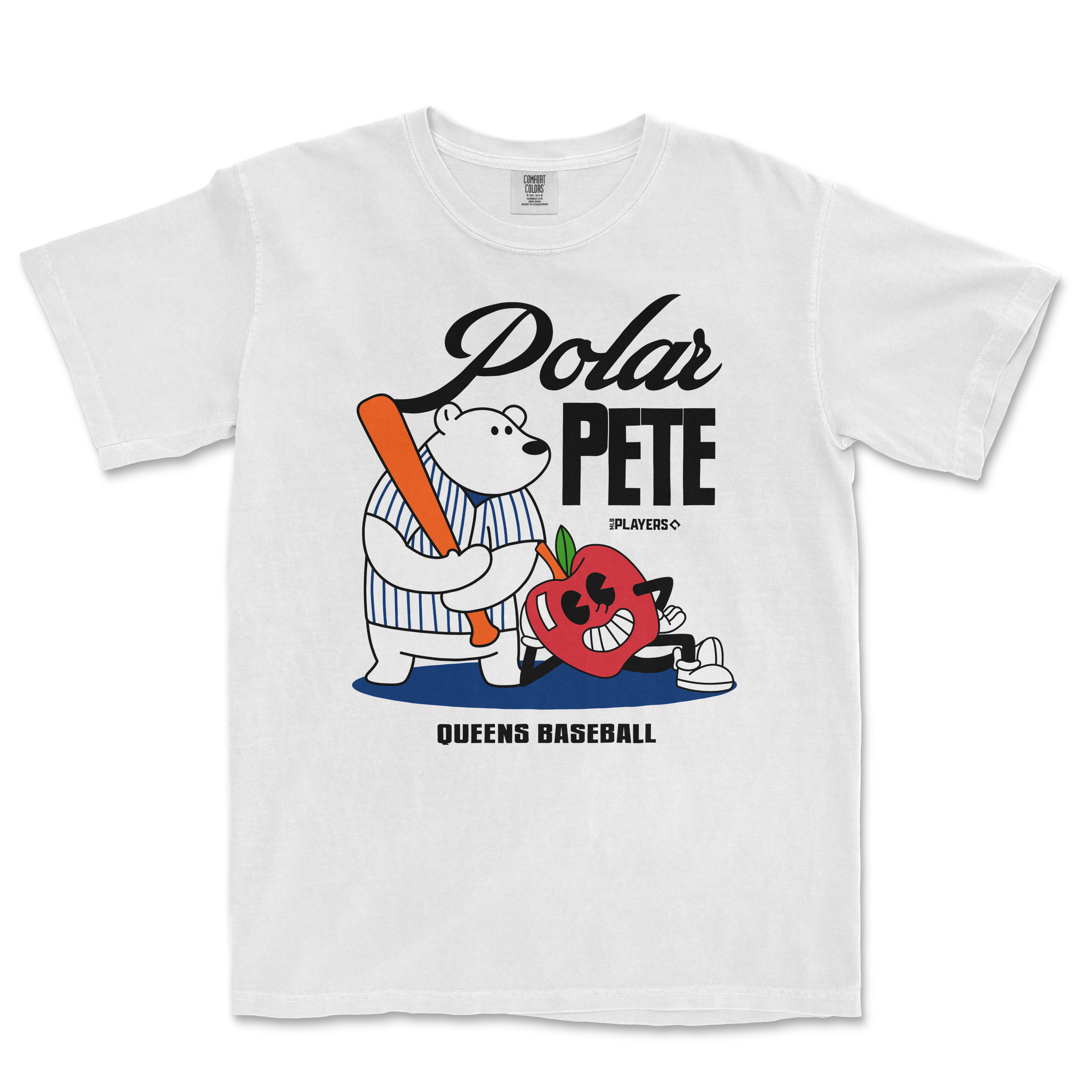 White t-shirt featuring a cartoon polar bear with a baseball bat and an apple, labeled "Polar Pete" and "Queens Baseball.