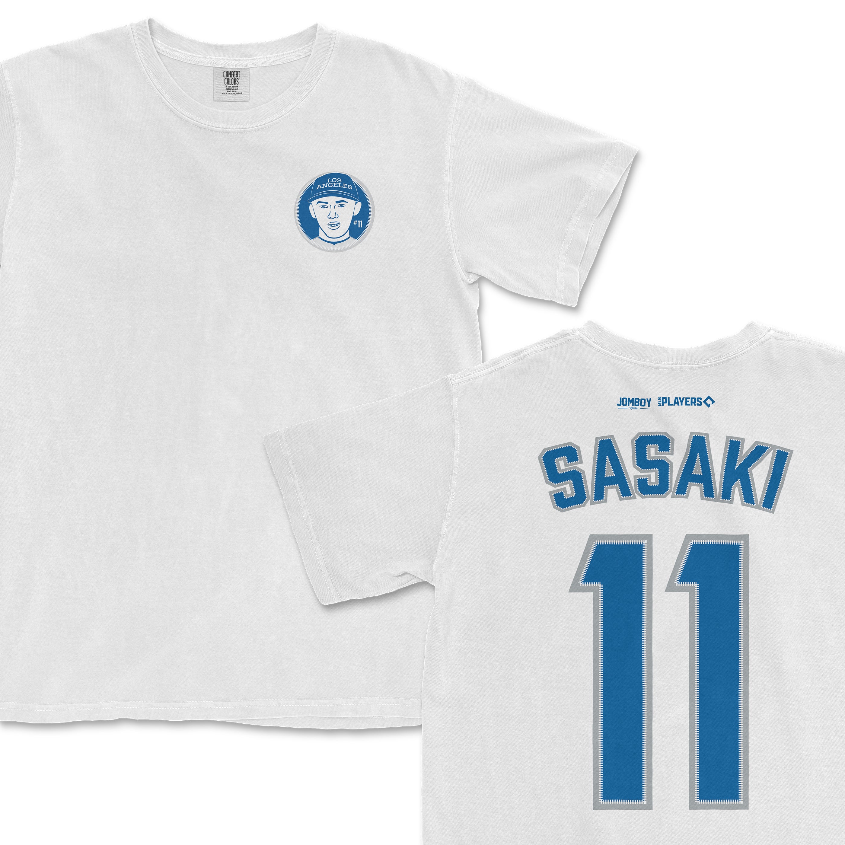 White baseball jersey featuring "Sasaki" and the number 11 on the back, with a blue and gray design and team logos.