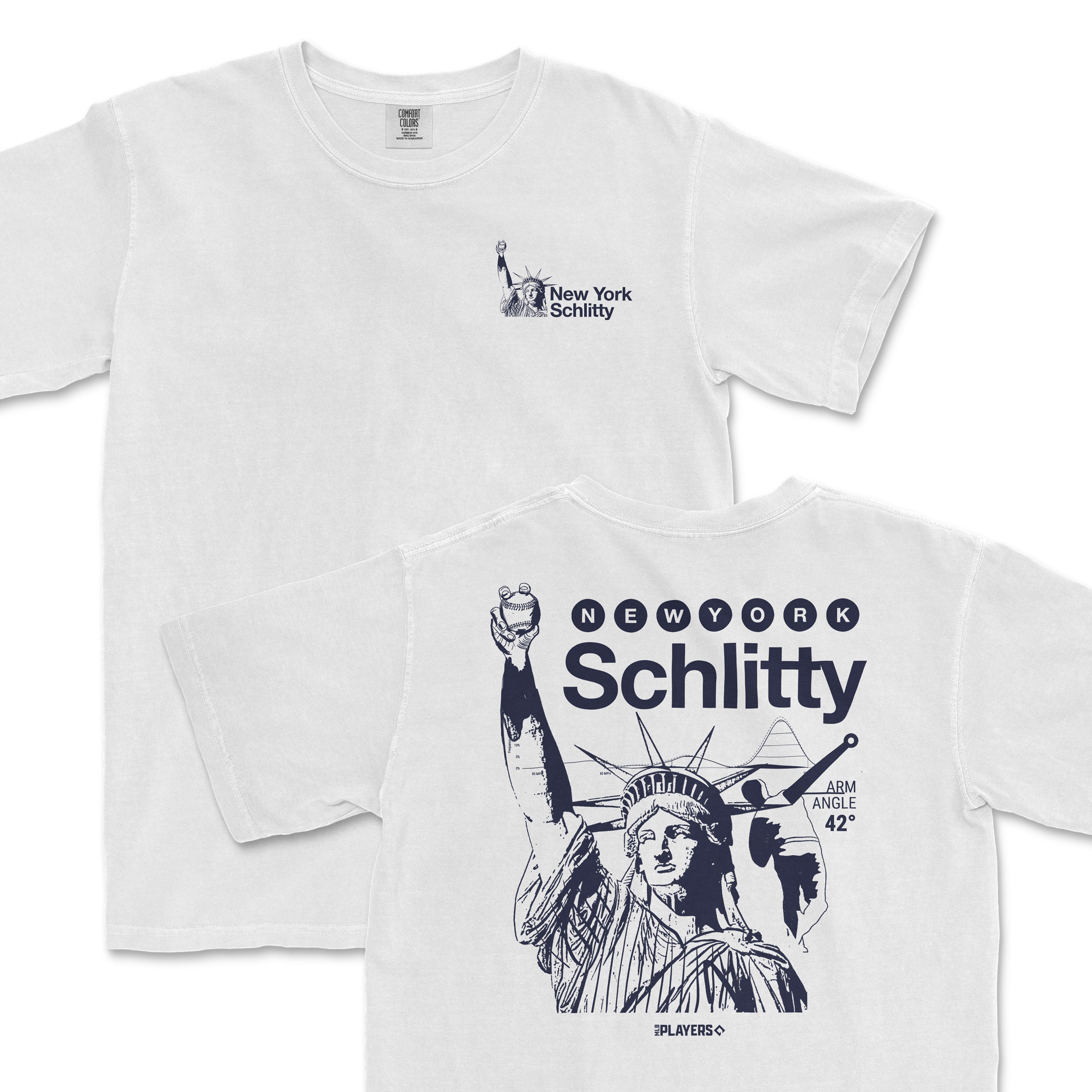 White t-shirt featuring a graphic of the Statue of Liberty with "New York Schlitty" text on the front and back.