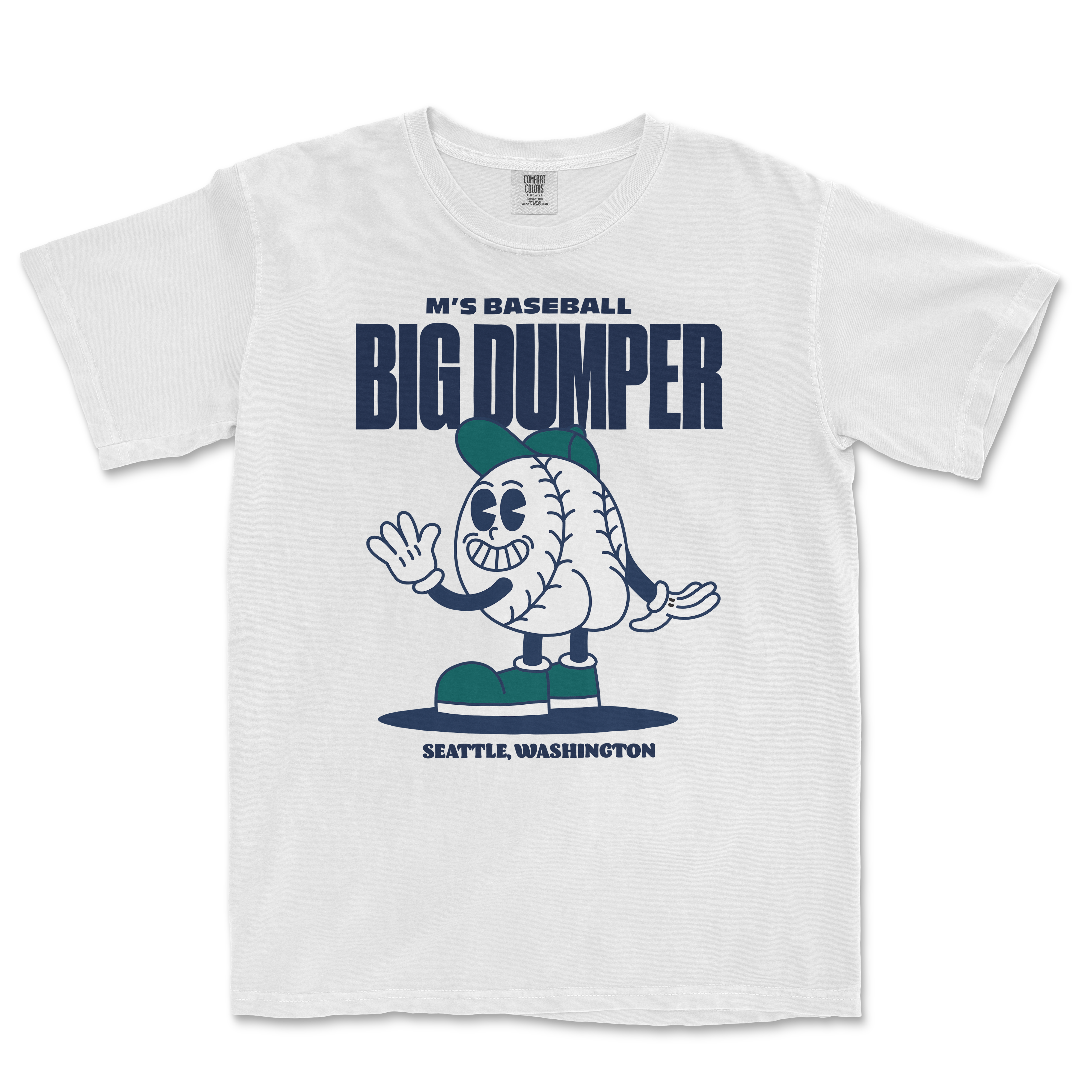 White t-shirt featuring a cartoon baseball character named Big Dumper, with "M's Baseball" and "Seattle, Washington" text.