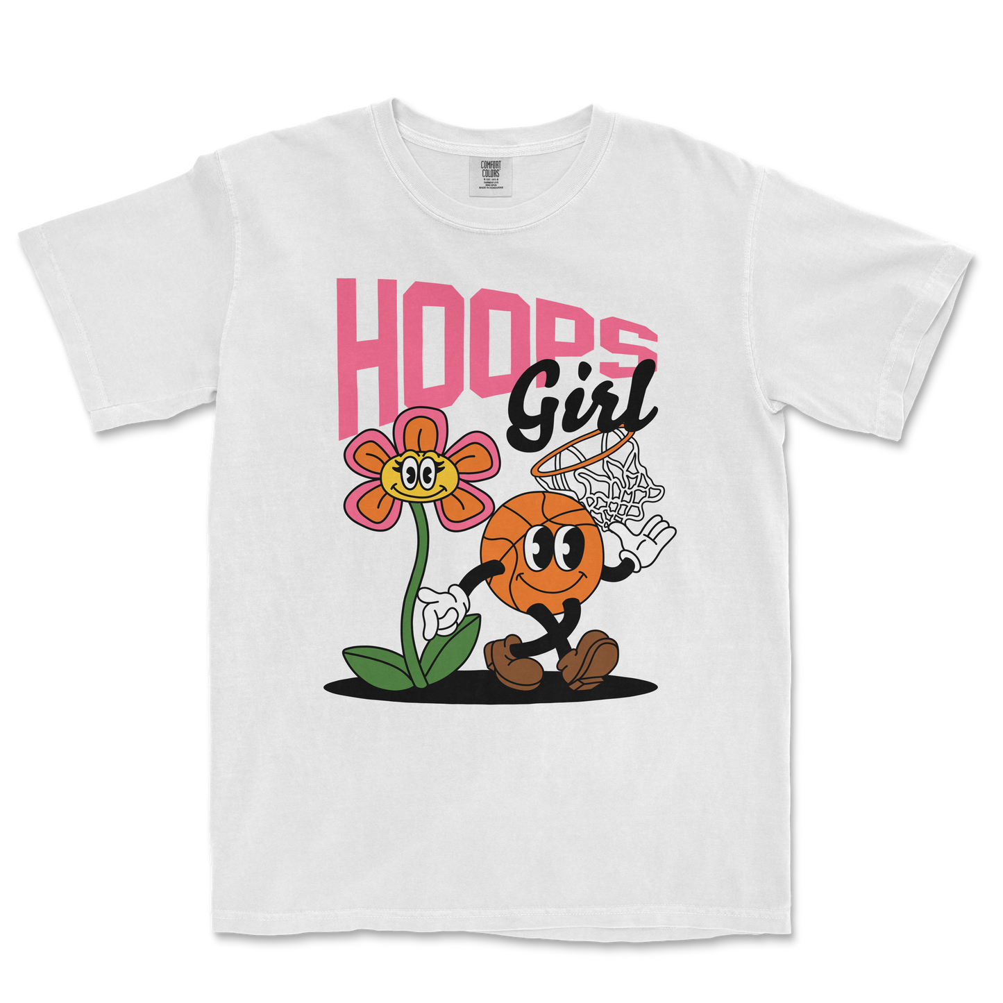 White Comfort Colors tee featuring a cartoon basketball girl playing basketball, with a flower and the text "Hoops Girl" in pink and black.