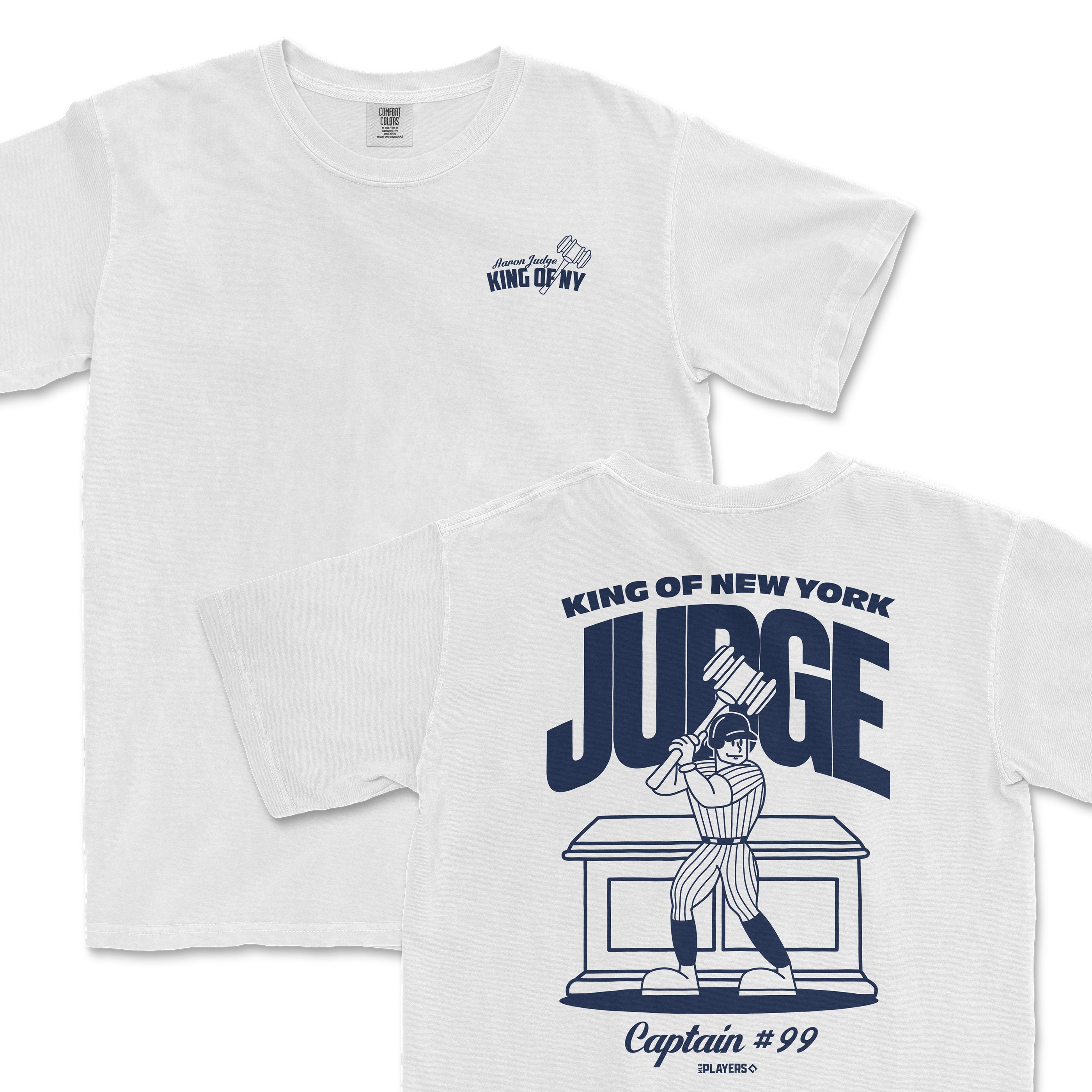 White t-shirt featuring a cartoon of Aaron Judge with "King of New York" and "Captain 99" text on the back.