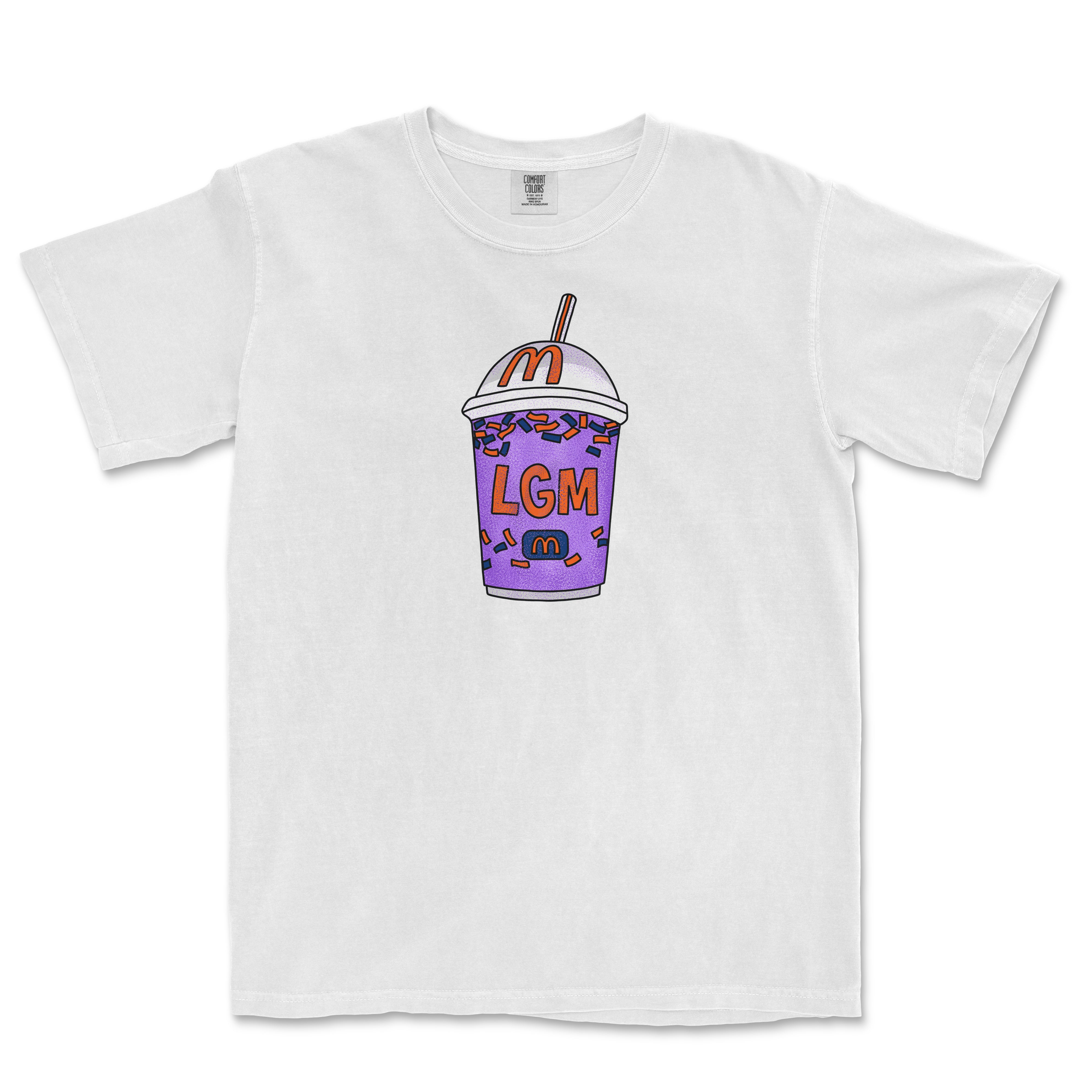 White T-shirt featuring a colorful illustration of a McDonald's milkshake cup with purple and orange sprinkles, "LGM" text, and a straw.