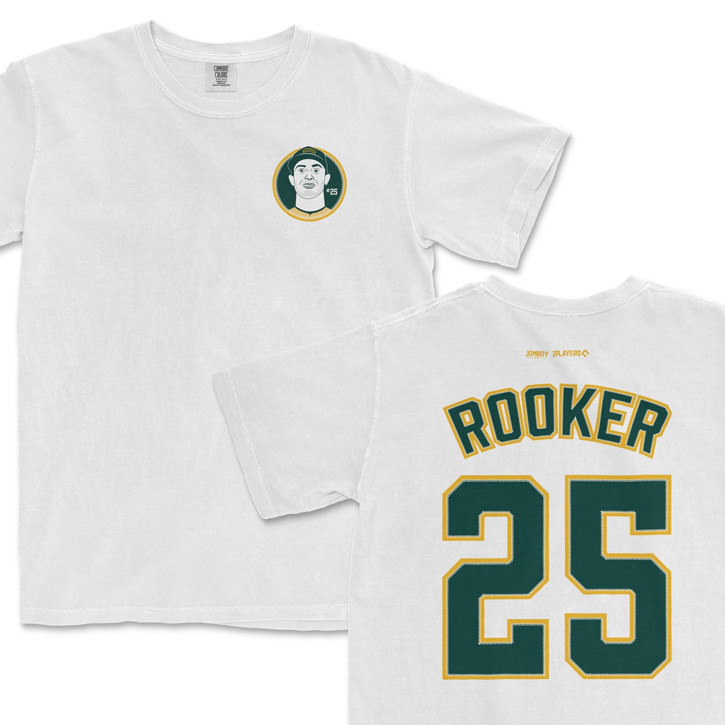White Comfort Colors T-shirt featuring a Brent Rooker illustration on the front and his name with the number 25 on the back.