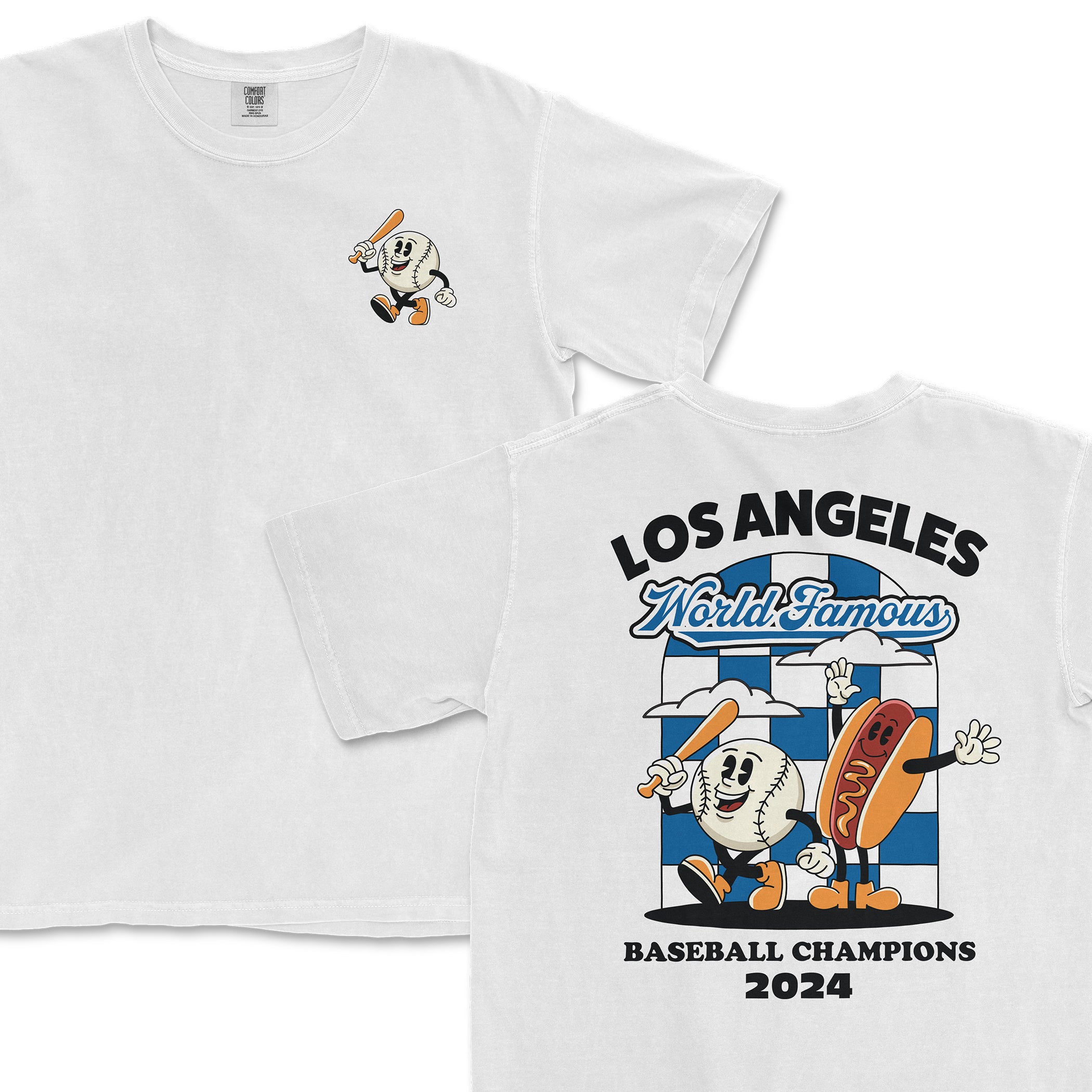 White T-shirt featuring cartoon baseball characters, hot dog, and "Los Angeles World Famous Baseball Champions 2024" text.