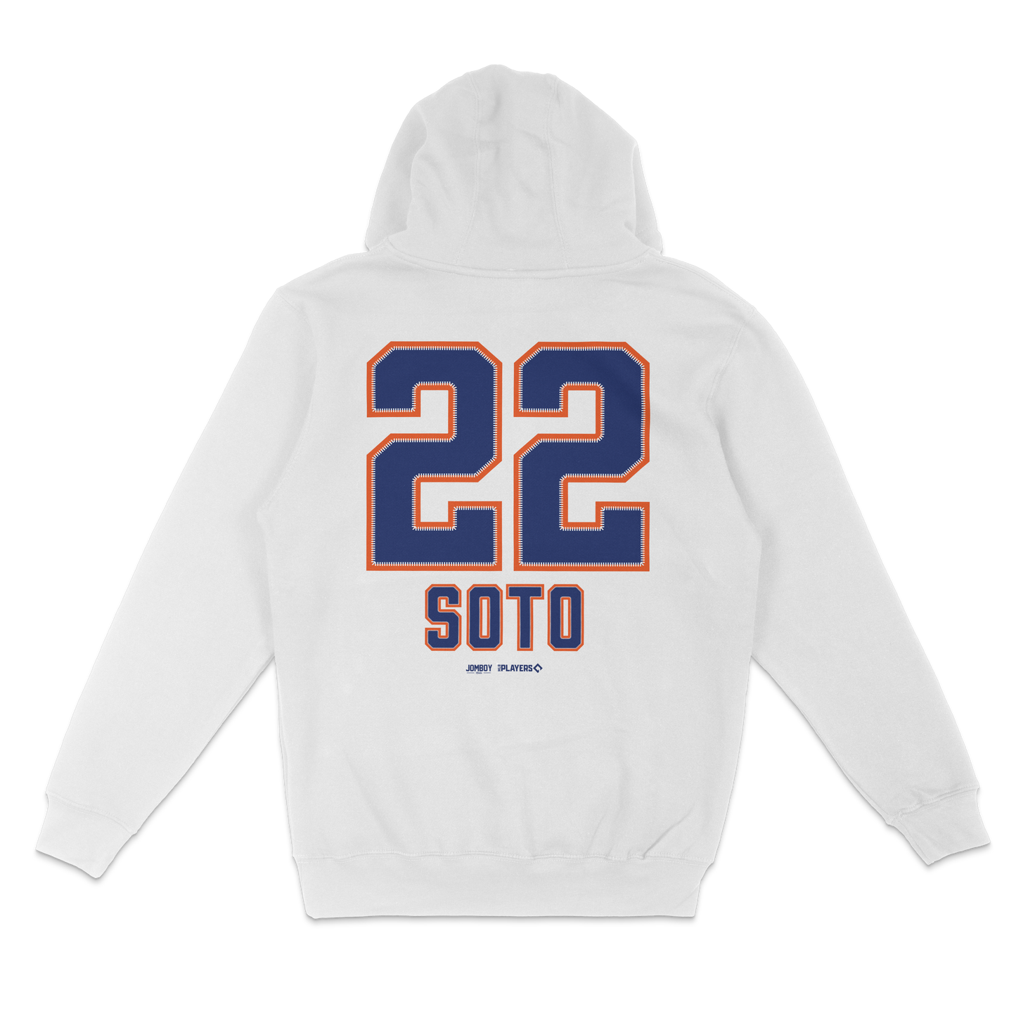 White crewneck sweatshirt featuring "22" and "SOTO" in blue and orange, with small logos below, celebrating Juan Soto NYM.