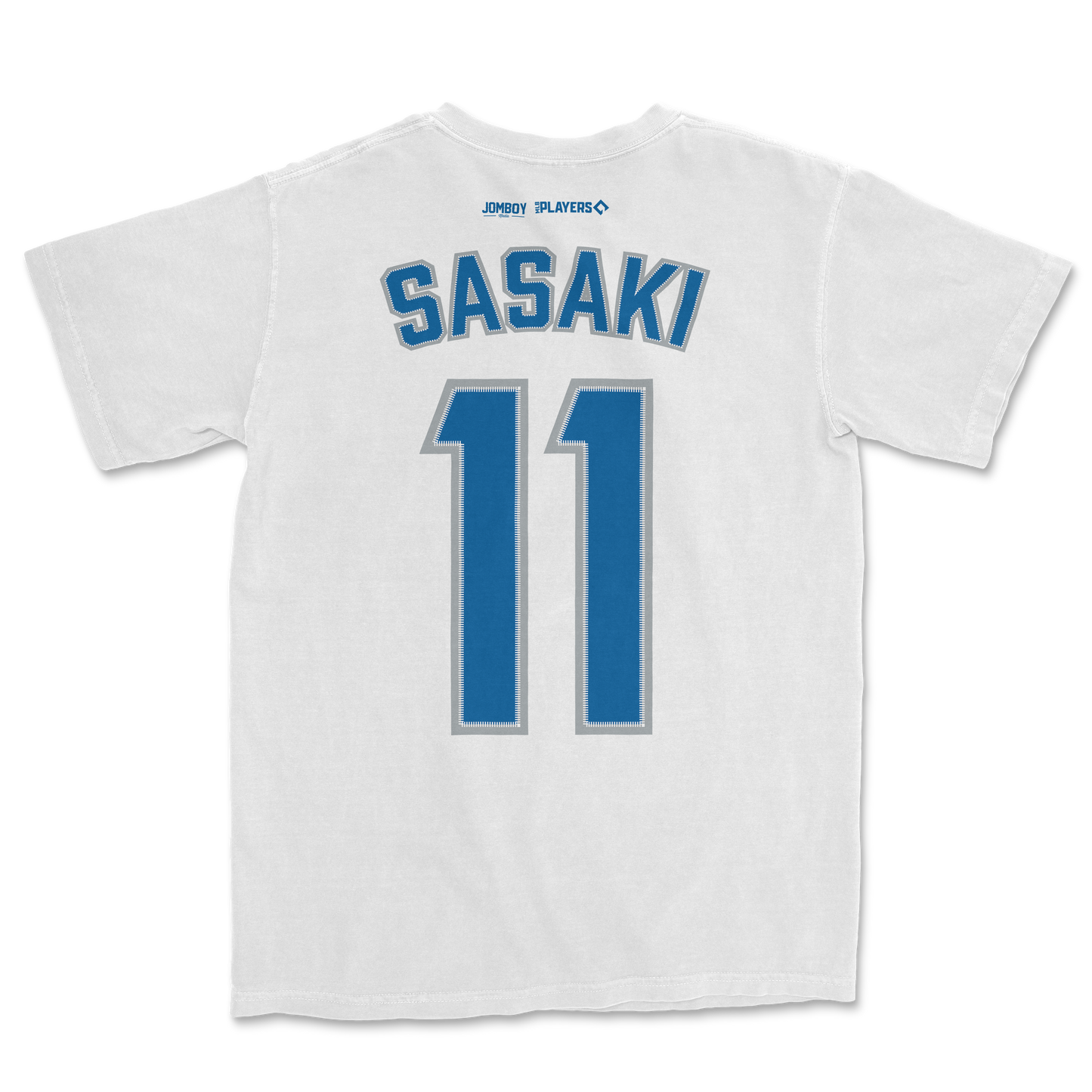 White sports jersey with "Sasaki" and number 11 printed in blue and gray, featuring logos of Jombo and Players at the top.
