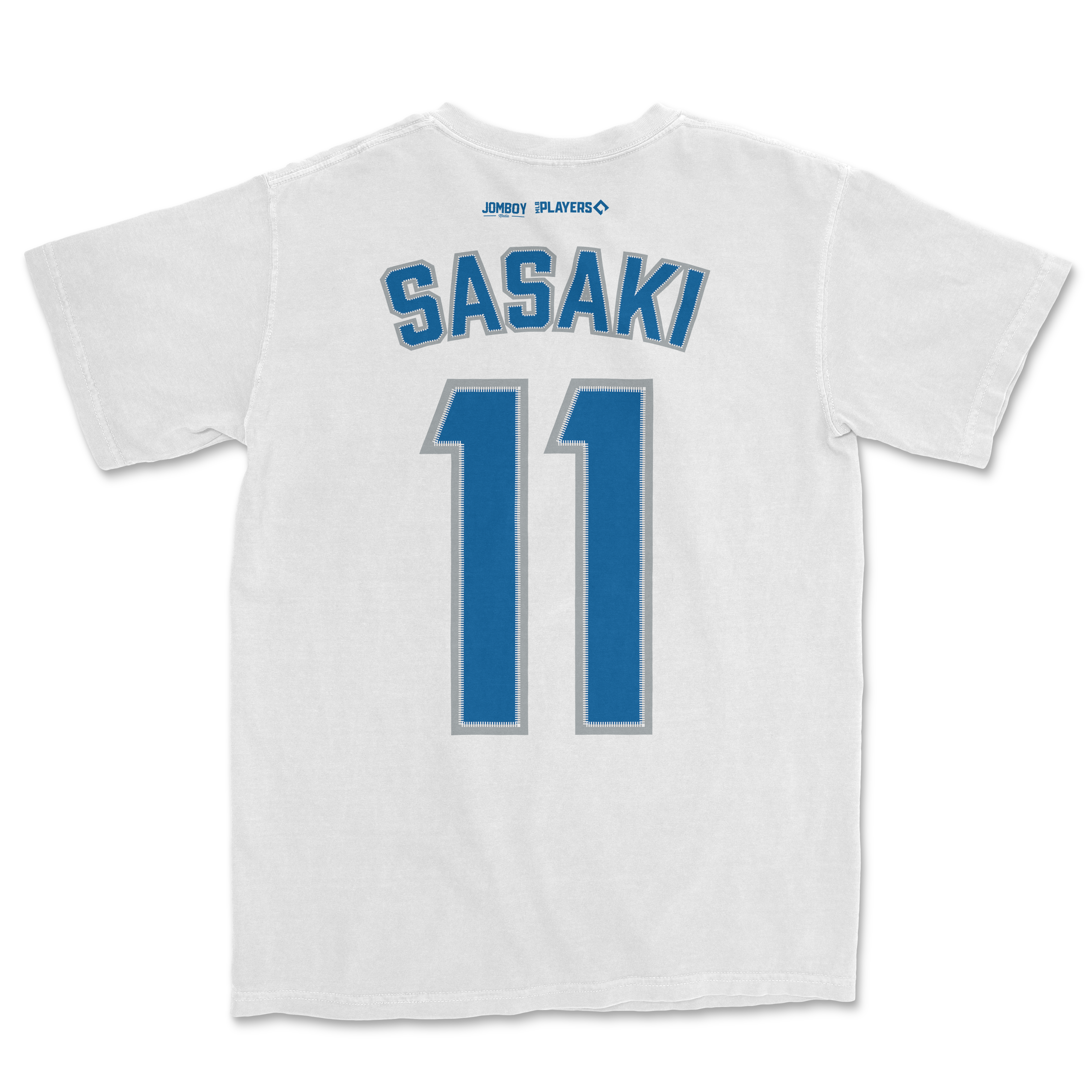 White sports jersey with "Sasaki" and number 11 printed in blue and gray, featuring logos of Jombo and Players at the top.