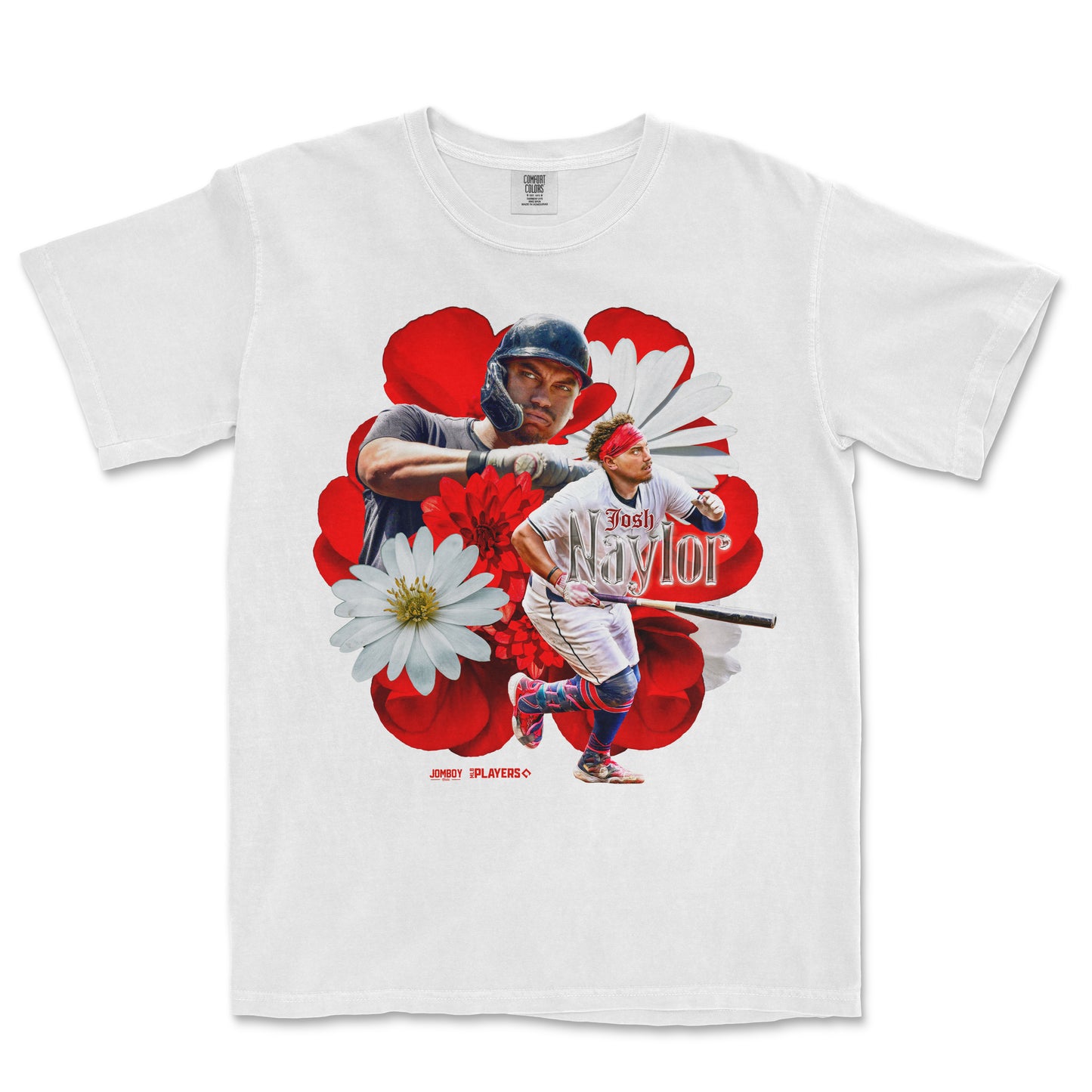 White T-shirt featuring a collage of a baseball player and a rollerblader, surrounded by red and white flowers, with "Josh Naylor" text.