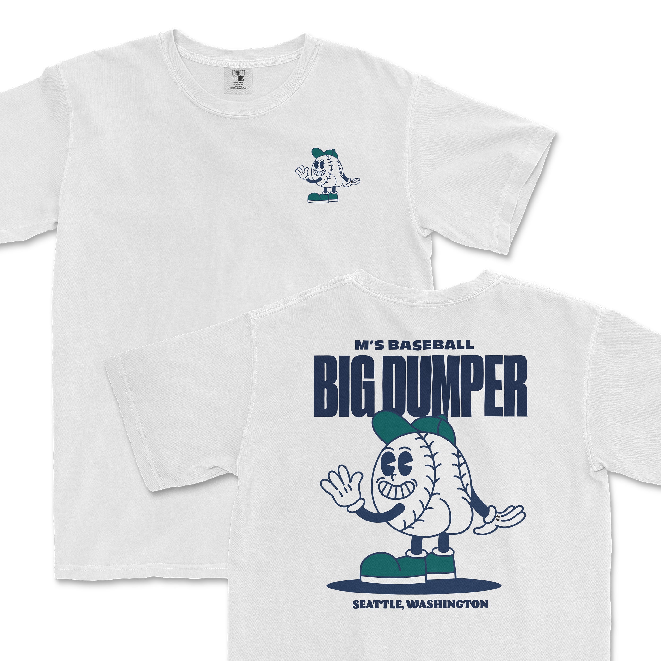 White t-shirt featuring a cartoon baseball character named Big Dumper, with playful graphics and text for M's Baseball.