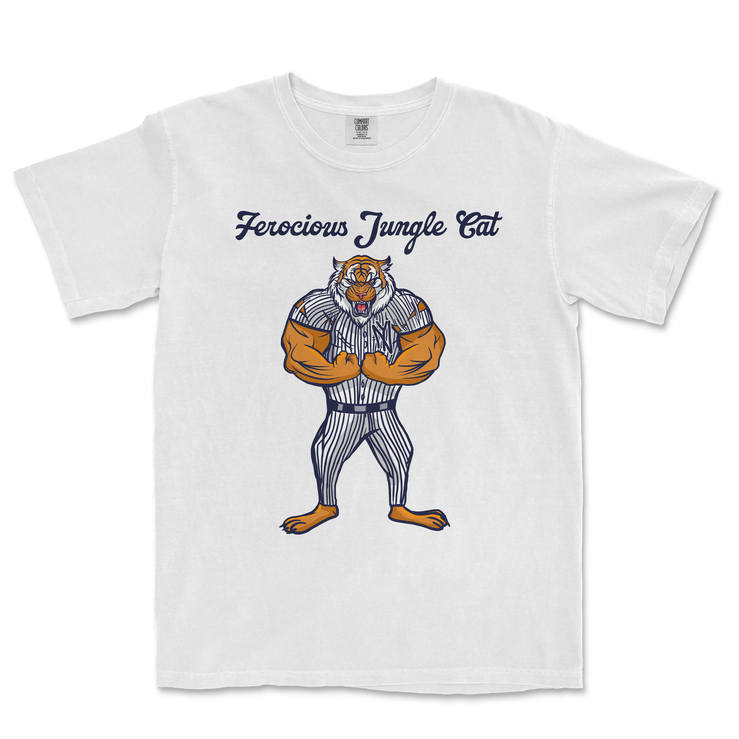White Comfort Colors tee featuring a fierce jungle cat with muscular arms, striped pants, and the text "Ferocious Jungle Cat" above.